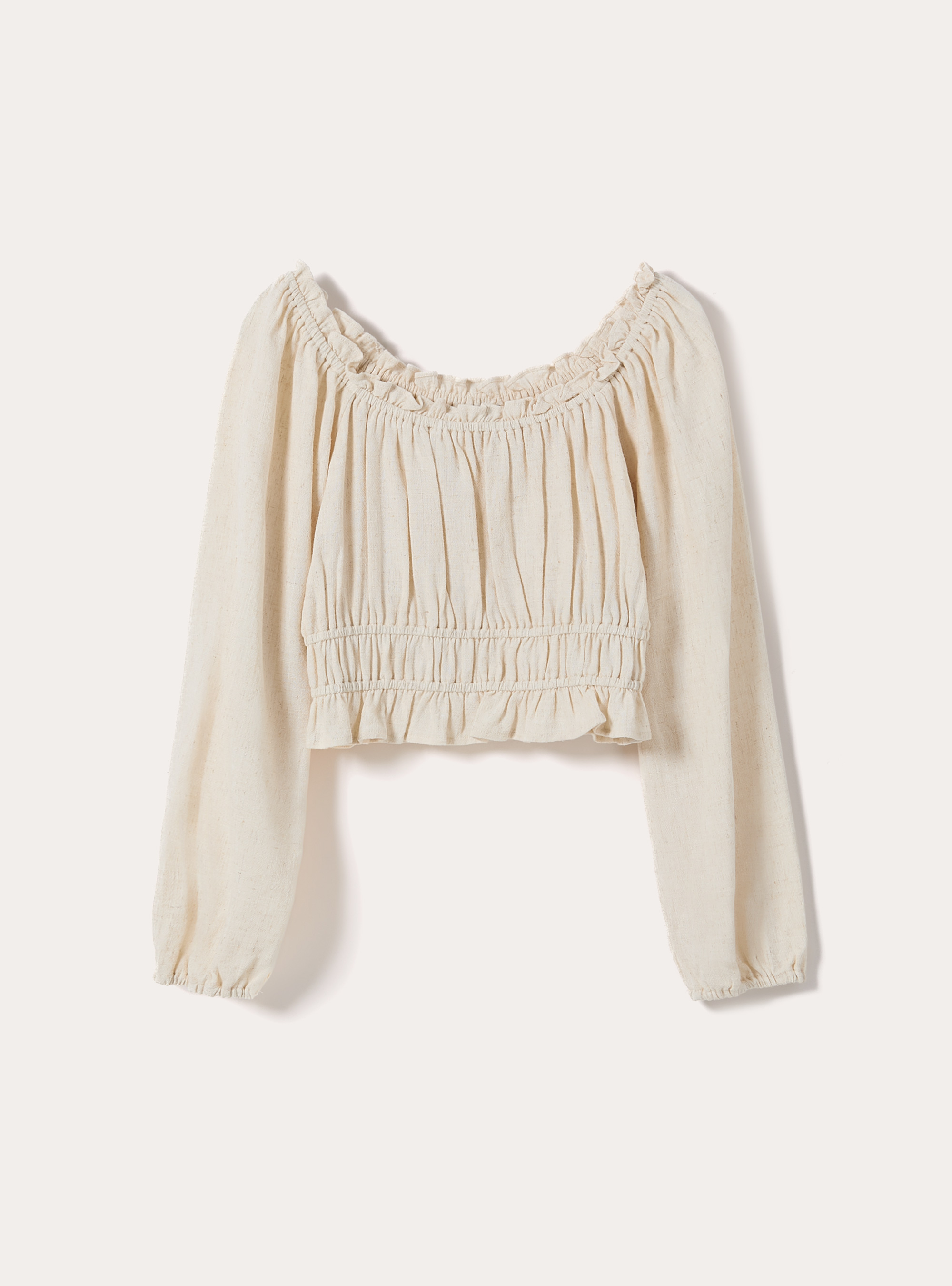 Blusa con spalle scoperte in misto lino, MBG3 BEIGE MEL LIGHT