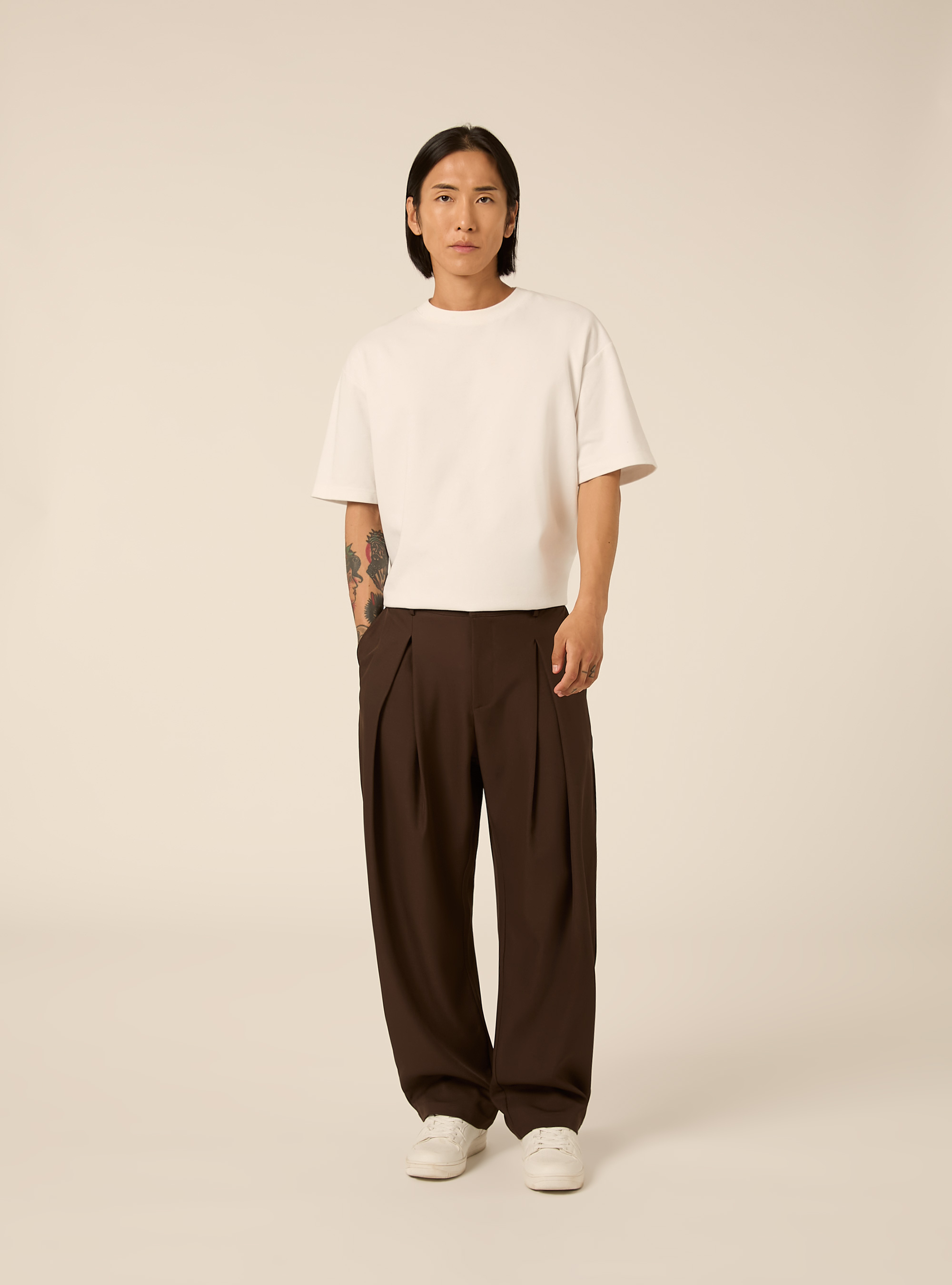 Pantaloni baggy con piega, BR1 BROWN DARK