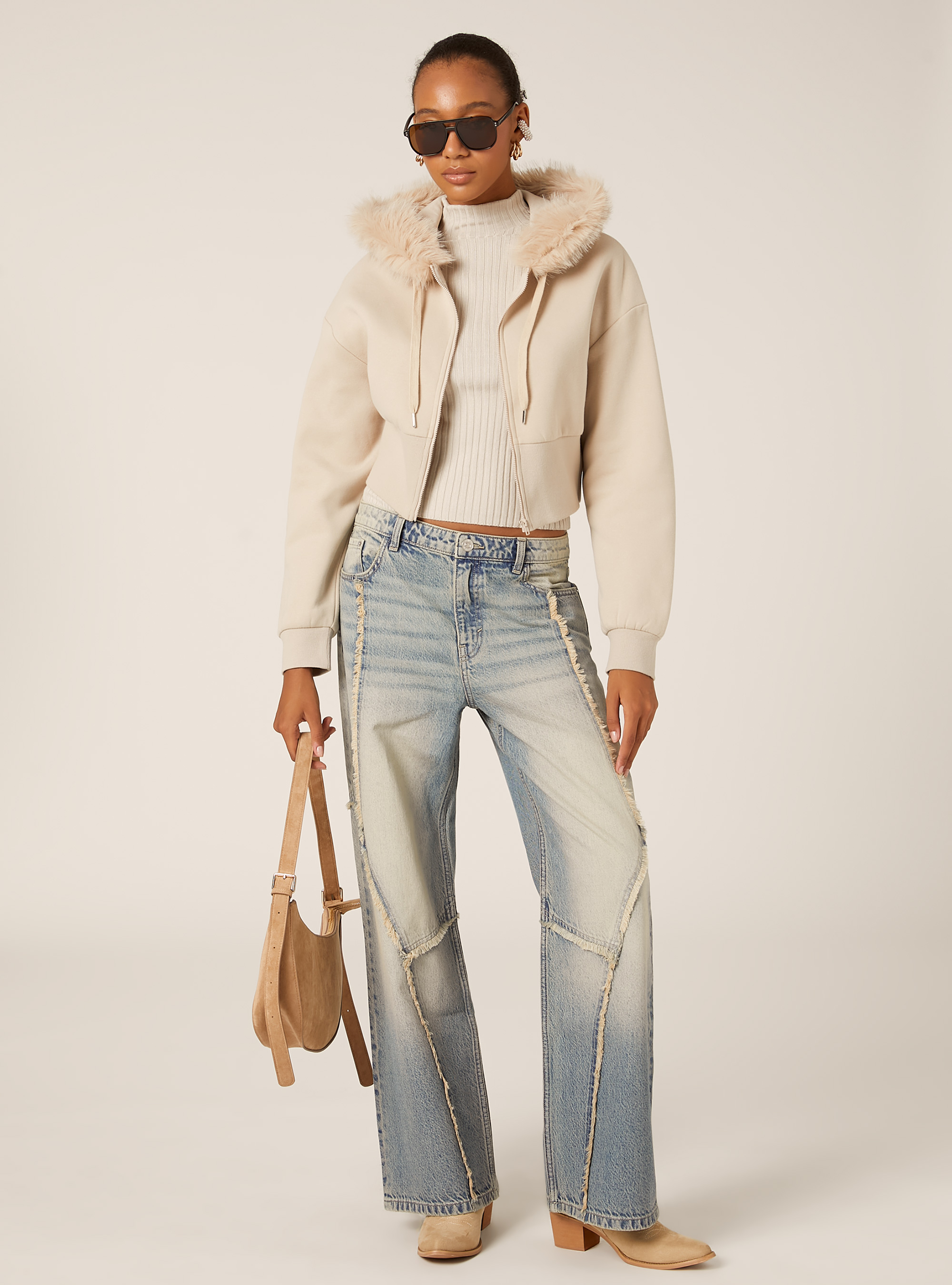 Cropped hoodie with fur trim, BG2 BEIGE MEDIUM