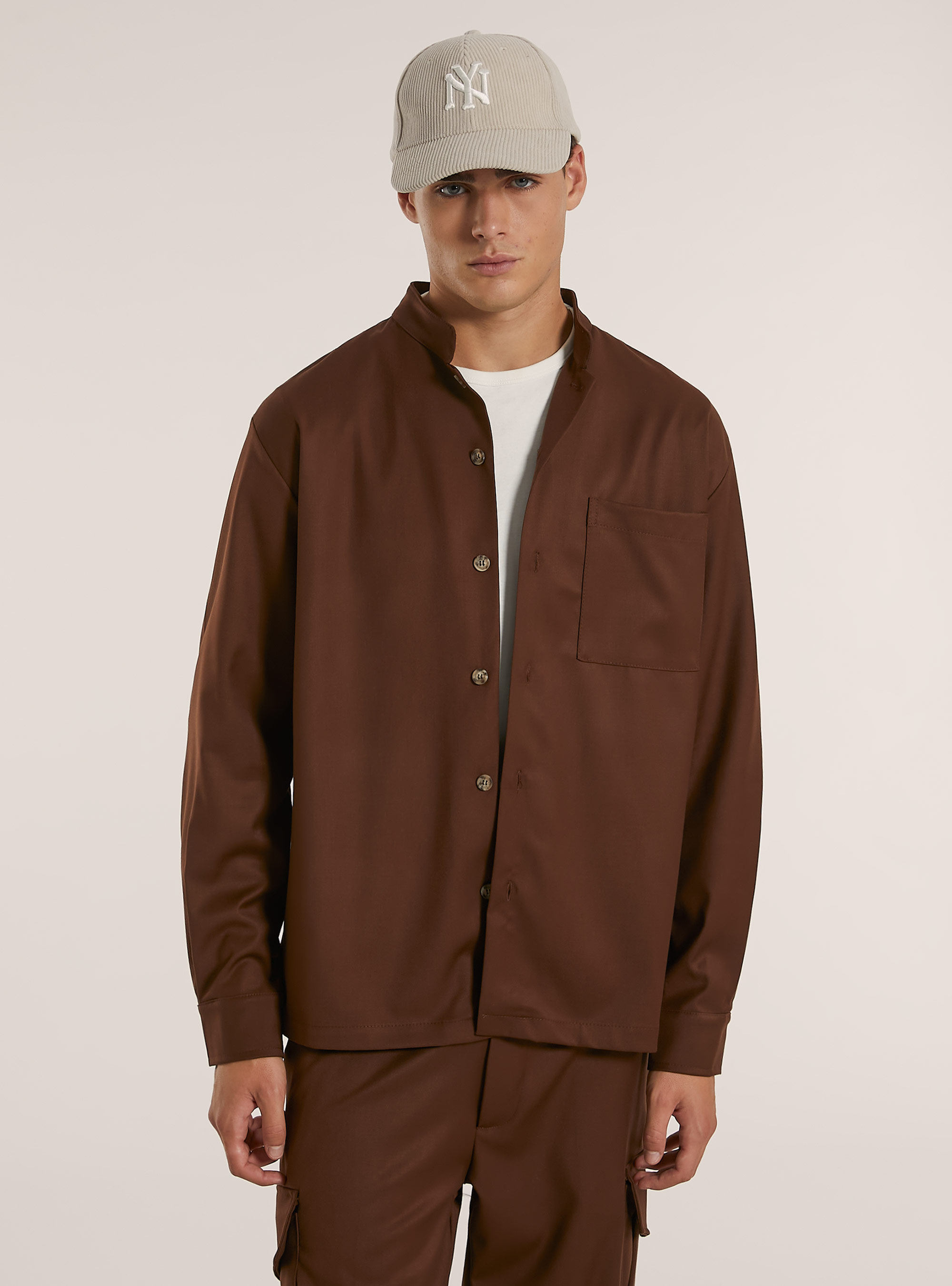 Camicia collo coreano con taschin in misto viscosa, TB2 TOBACCO MEDIUM