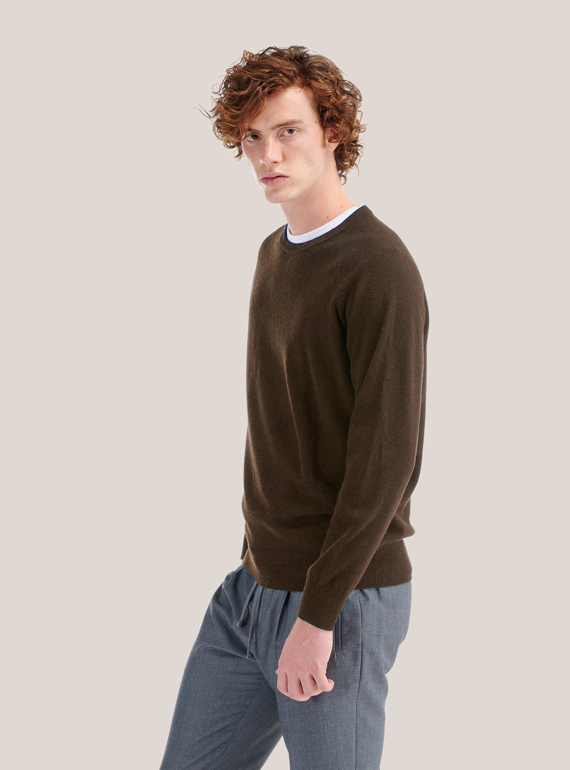Maglione girocollo con bordo a contrasto, MARRONE MELANGE