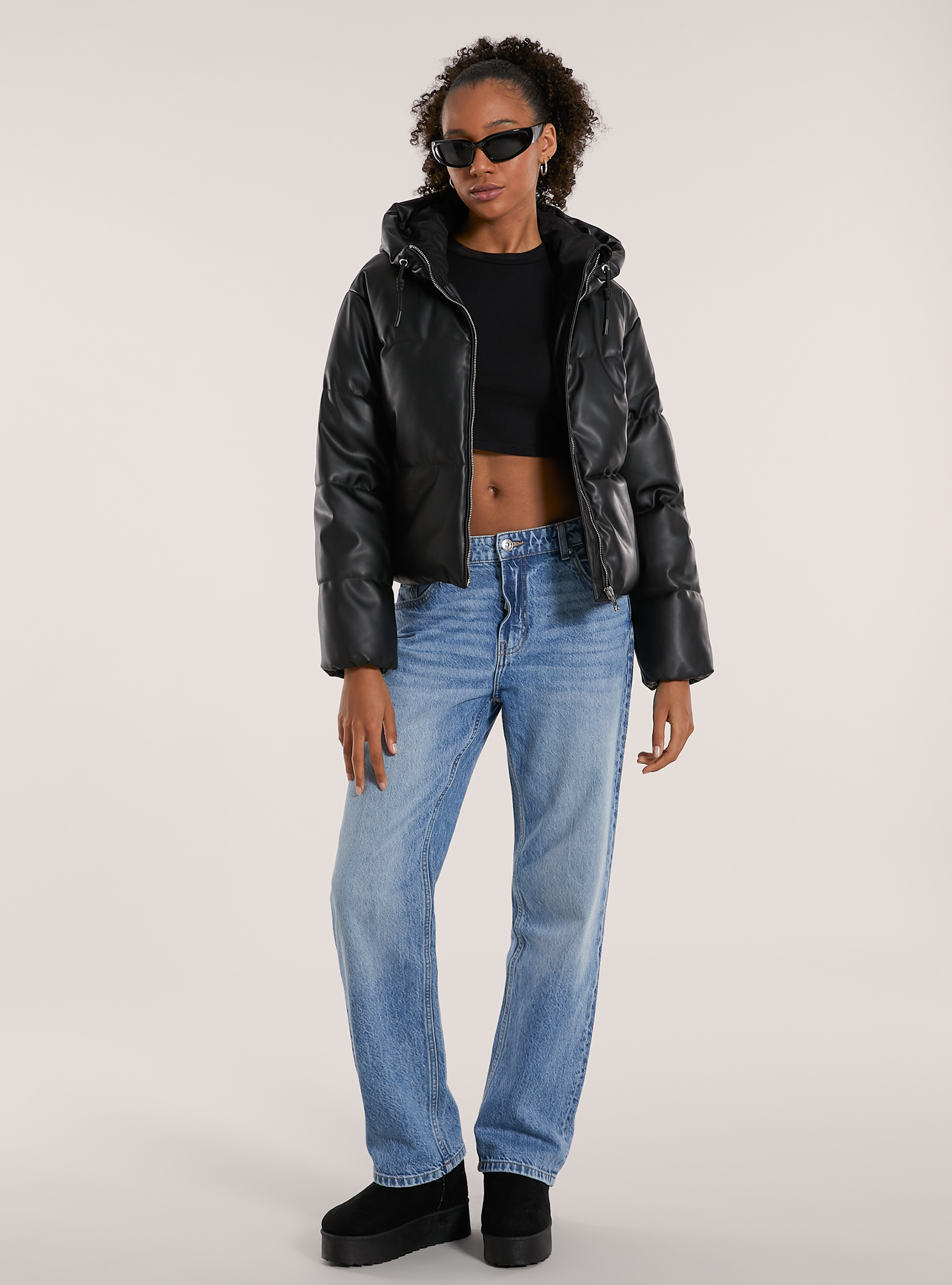 Giubbotto imbottito effetto pelle, BK1 BLACK