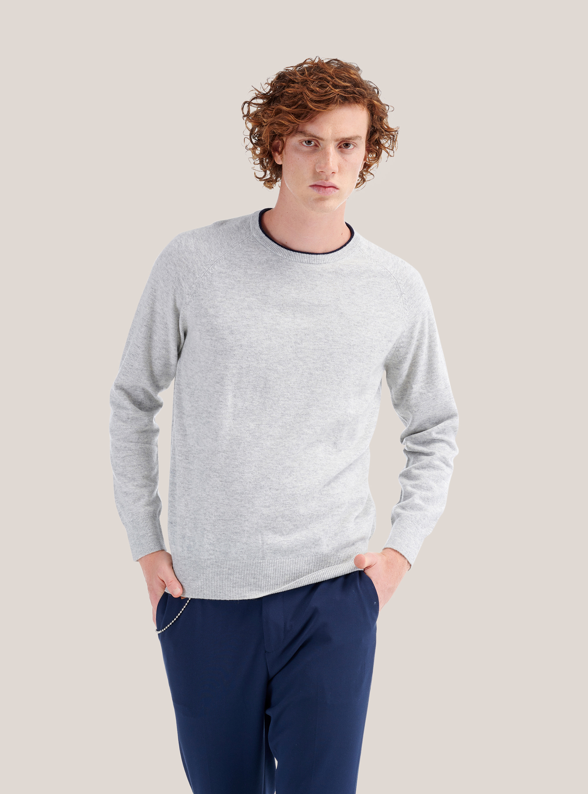 Round neck sweater with contrasting border, GREY MELANGE