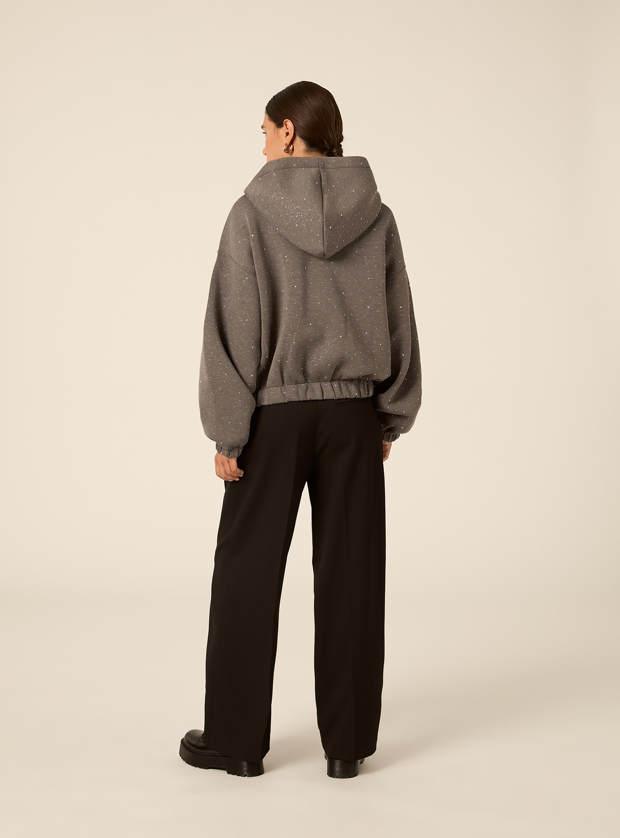 Cardigan felpa in scuba boxy fit con strass, GRIGIO MEDIO MELANGE