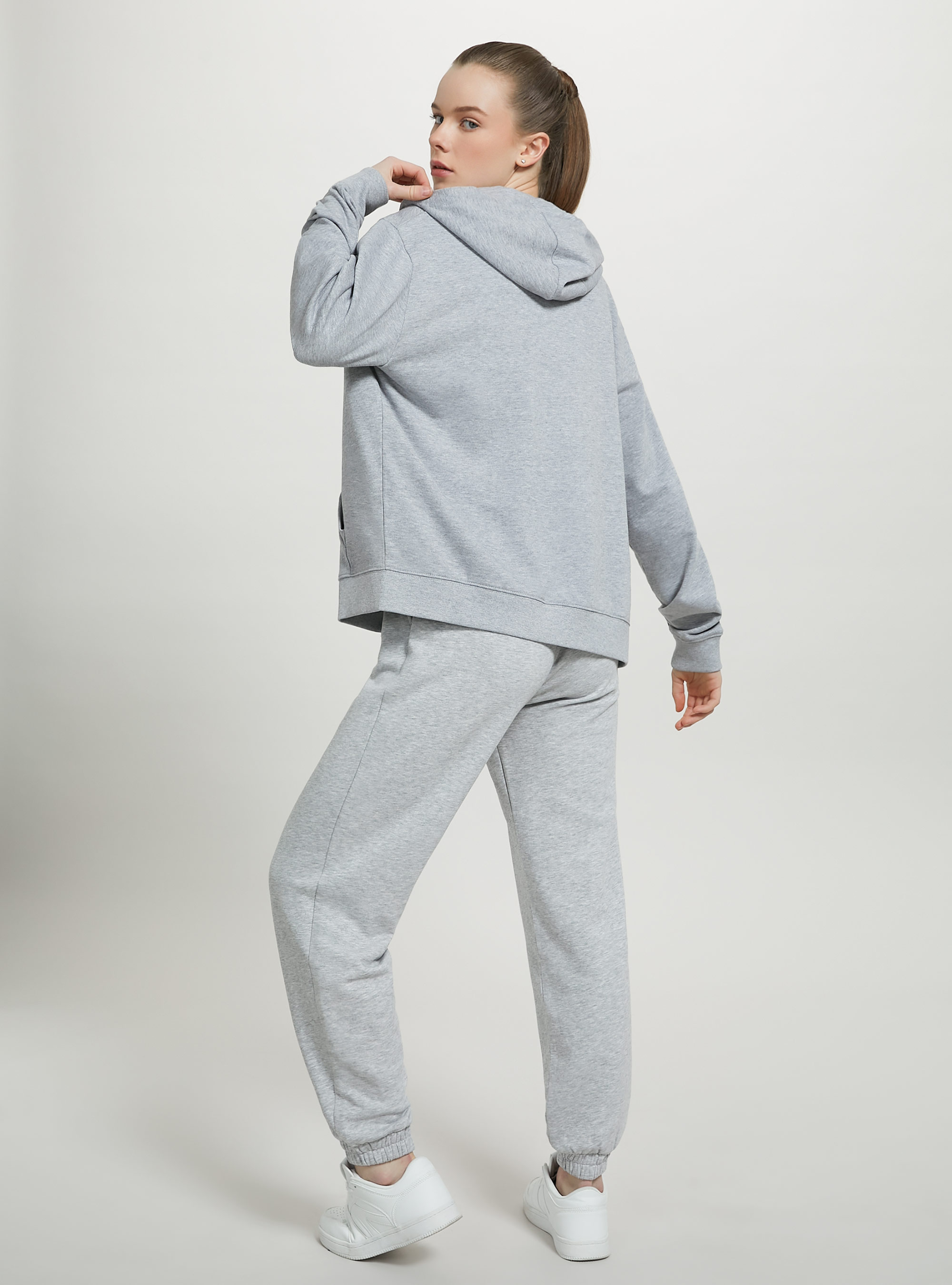 Basic-Baumwollsweatshirt mit Kapuze und Reißverschluss, C143 LIGHT GREY M