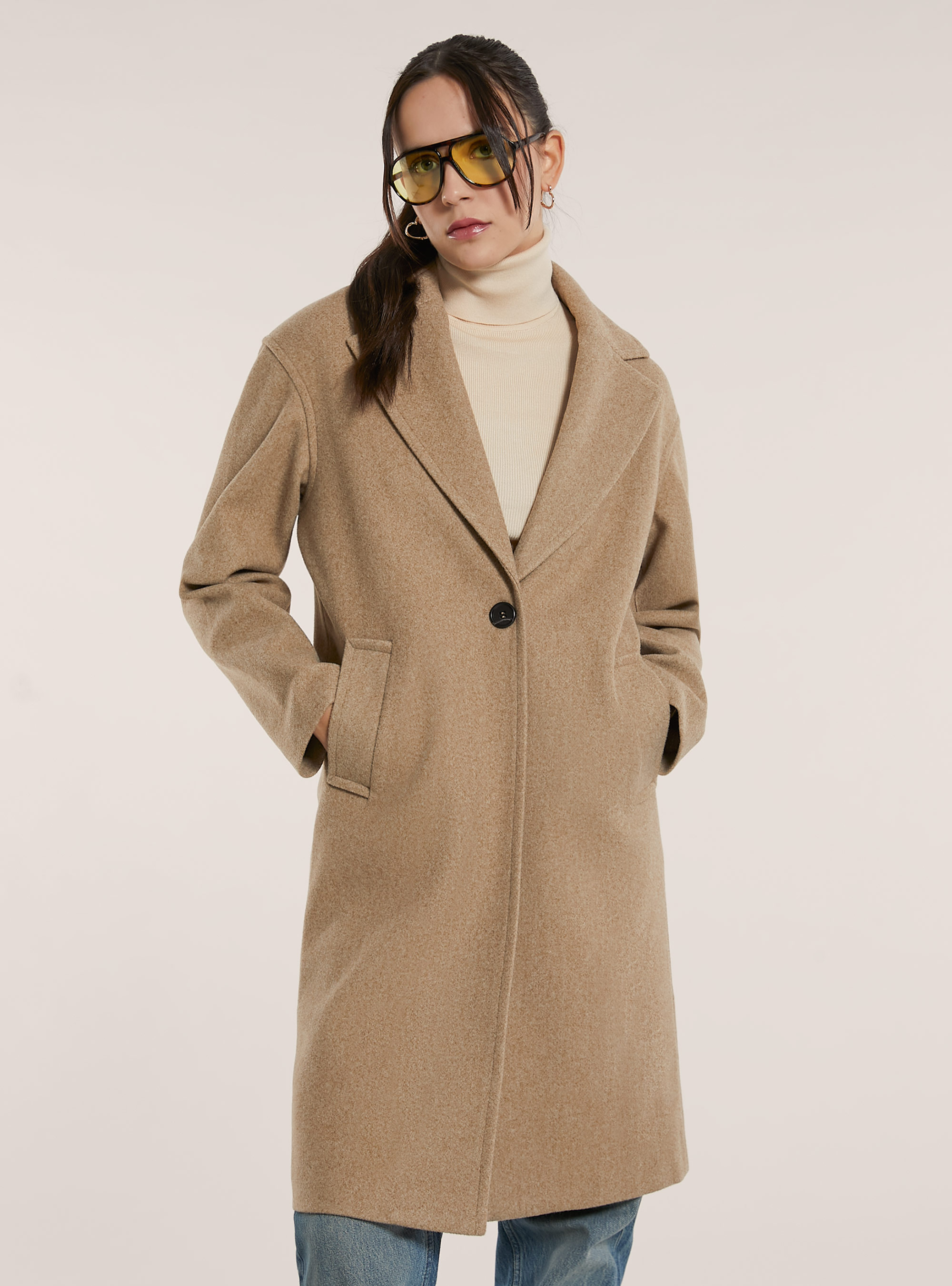 Plain single-breasted coat, MTB3 TOBACCO MEL LIGHT