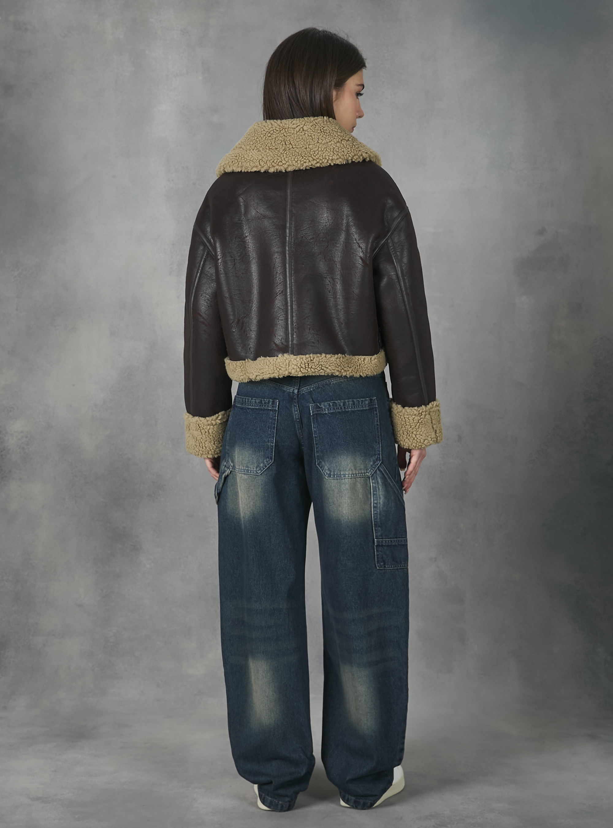 Giubbotto effetto pelle con interno in teddy, BR1 BROWN DARK