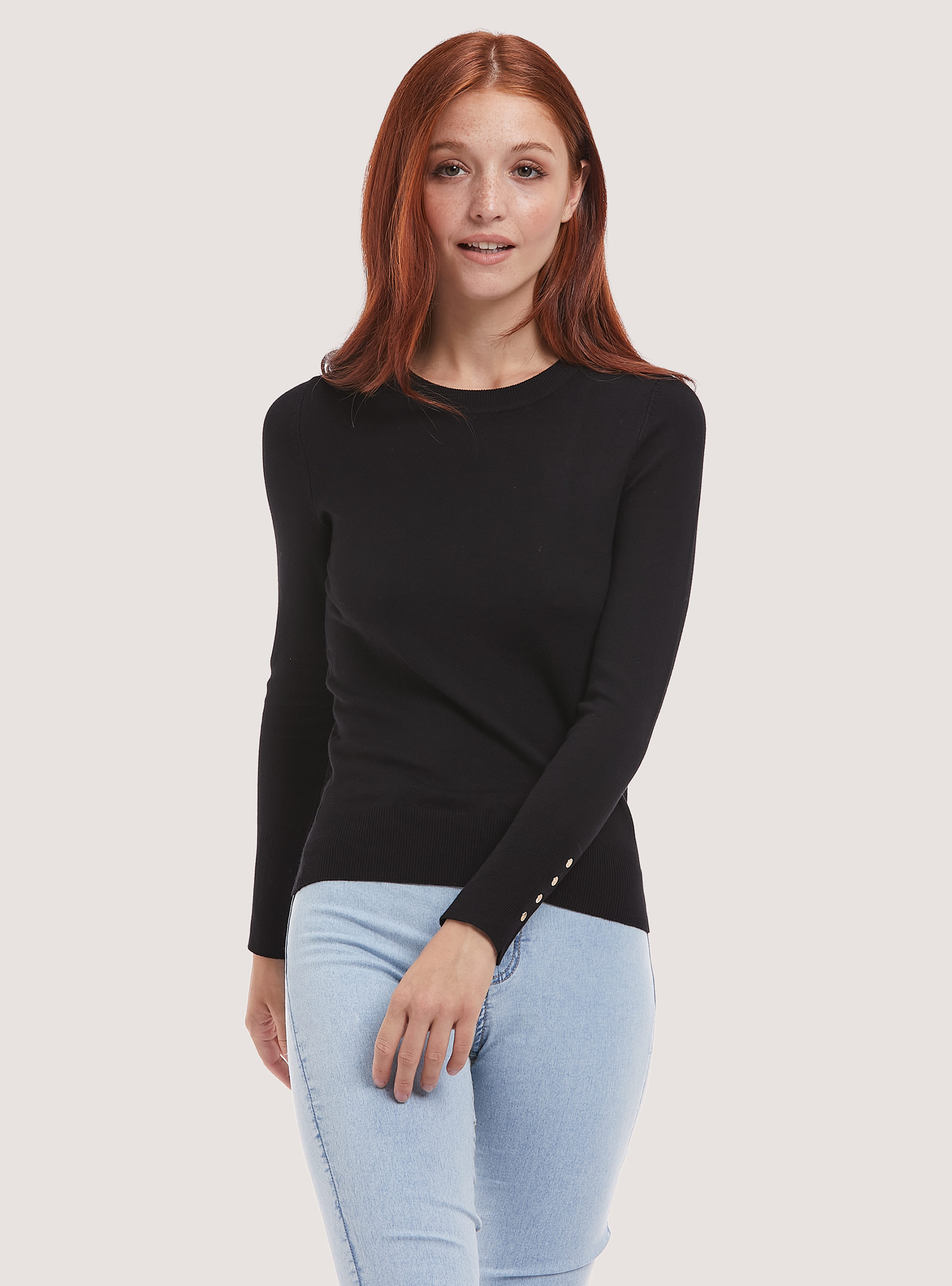 Pull à col rond avec boutons sur la manche, BK1 BLACK