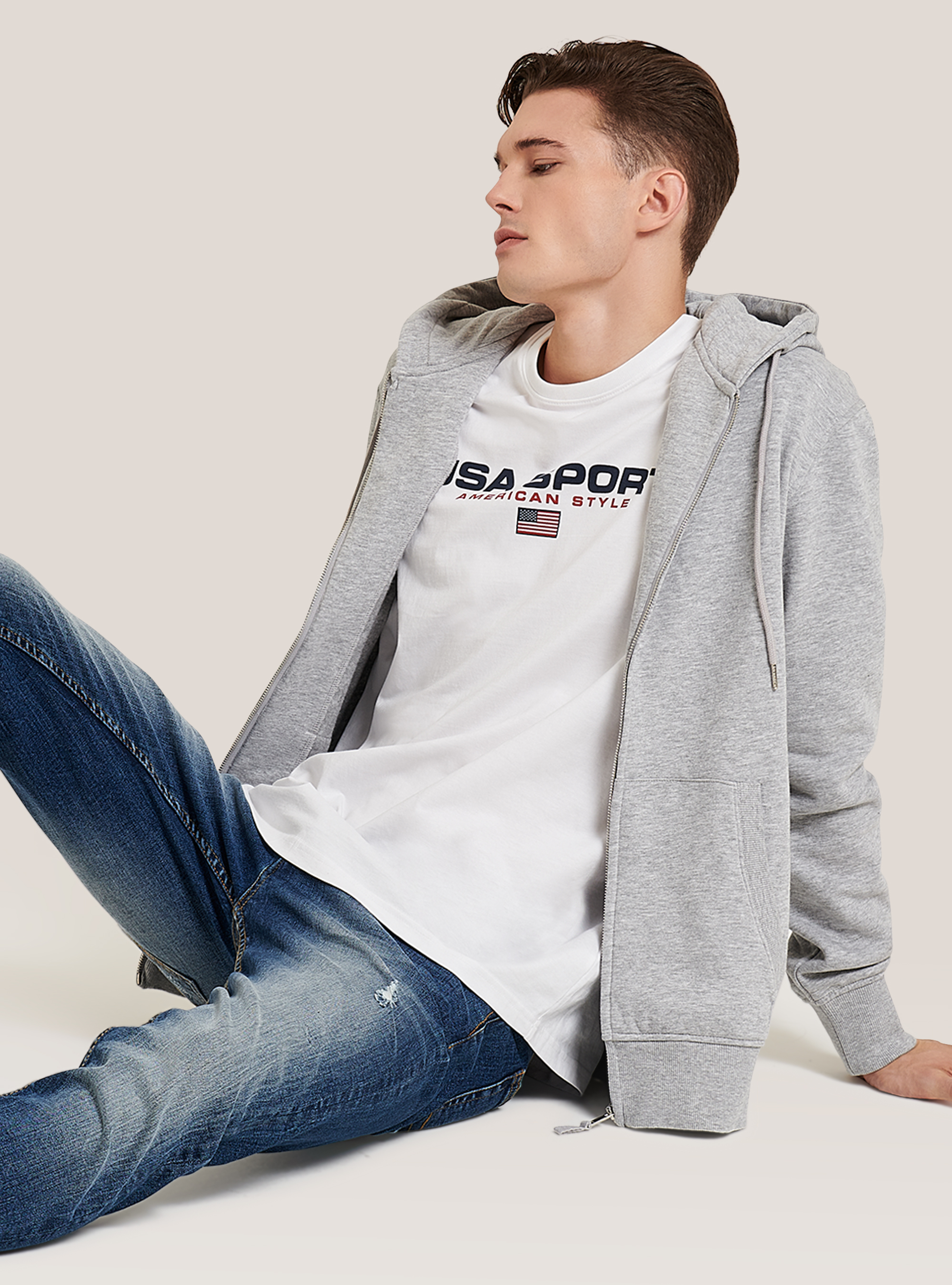 Felpa con zip e cappuccio in cotone, GRIGIO CHIARO MELANGE