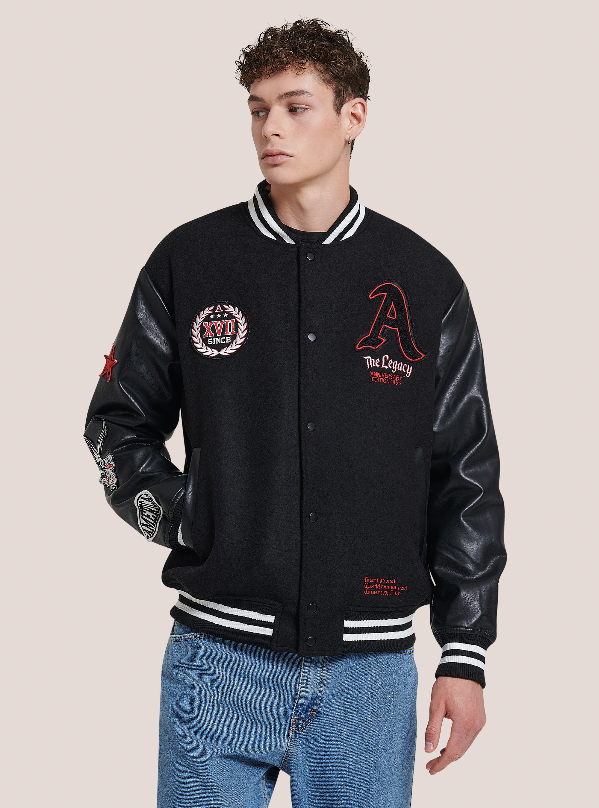 Blouson bombardier avec manches et patchs en similicuir, C101 BLACK