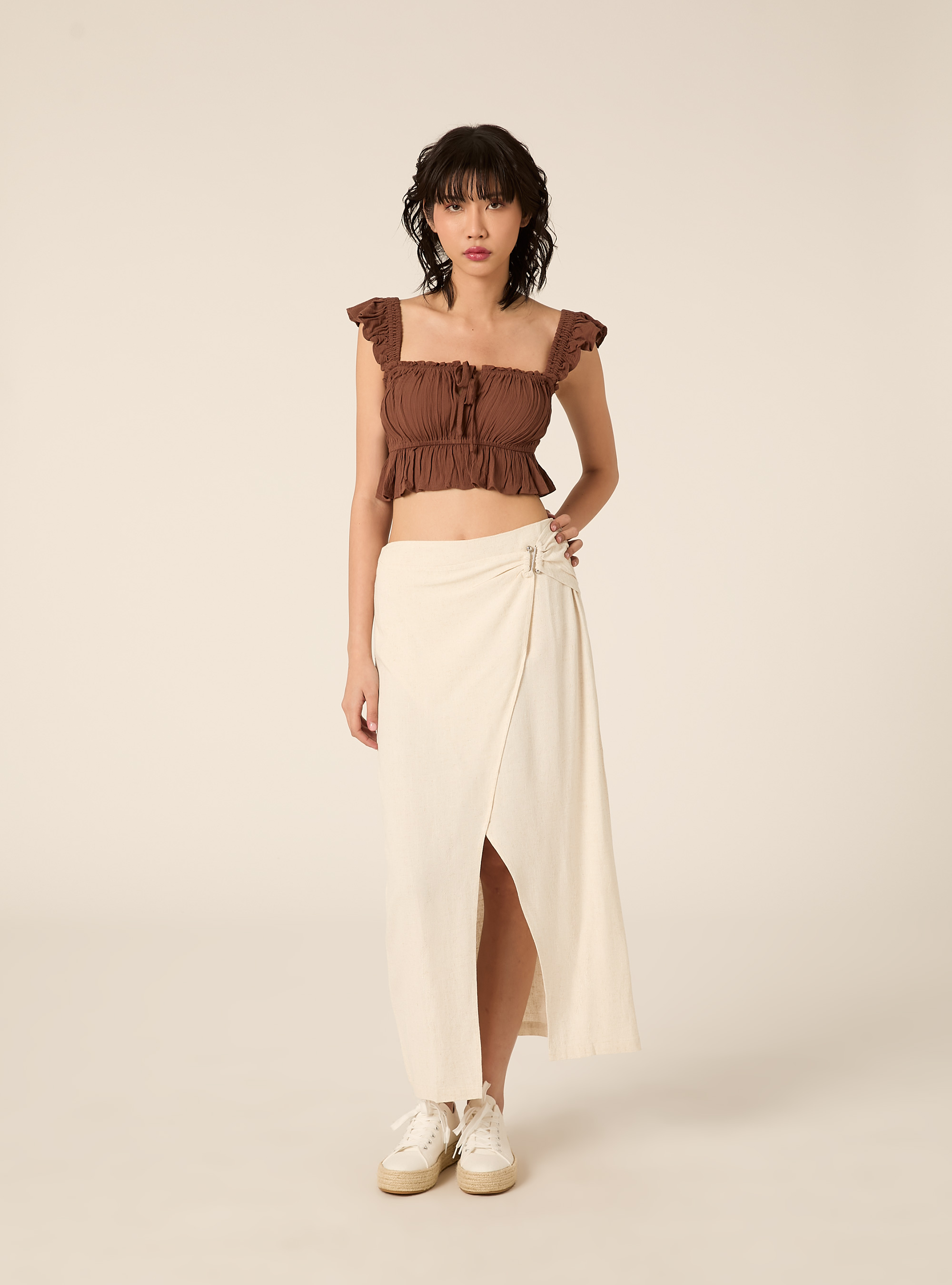 Gonna midi asimmetrica in misto lino, MBG3 BEIGE MEL LIGHT