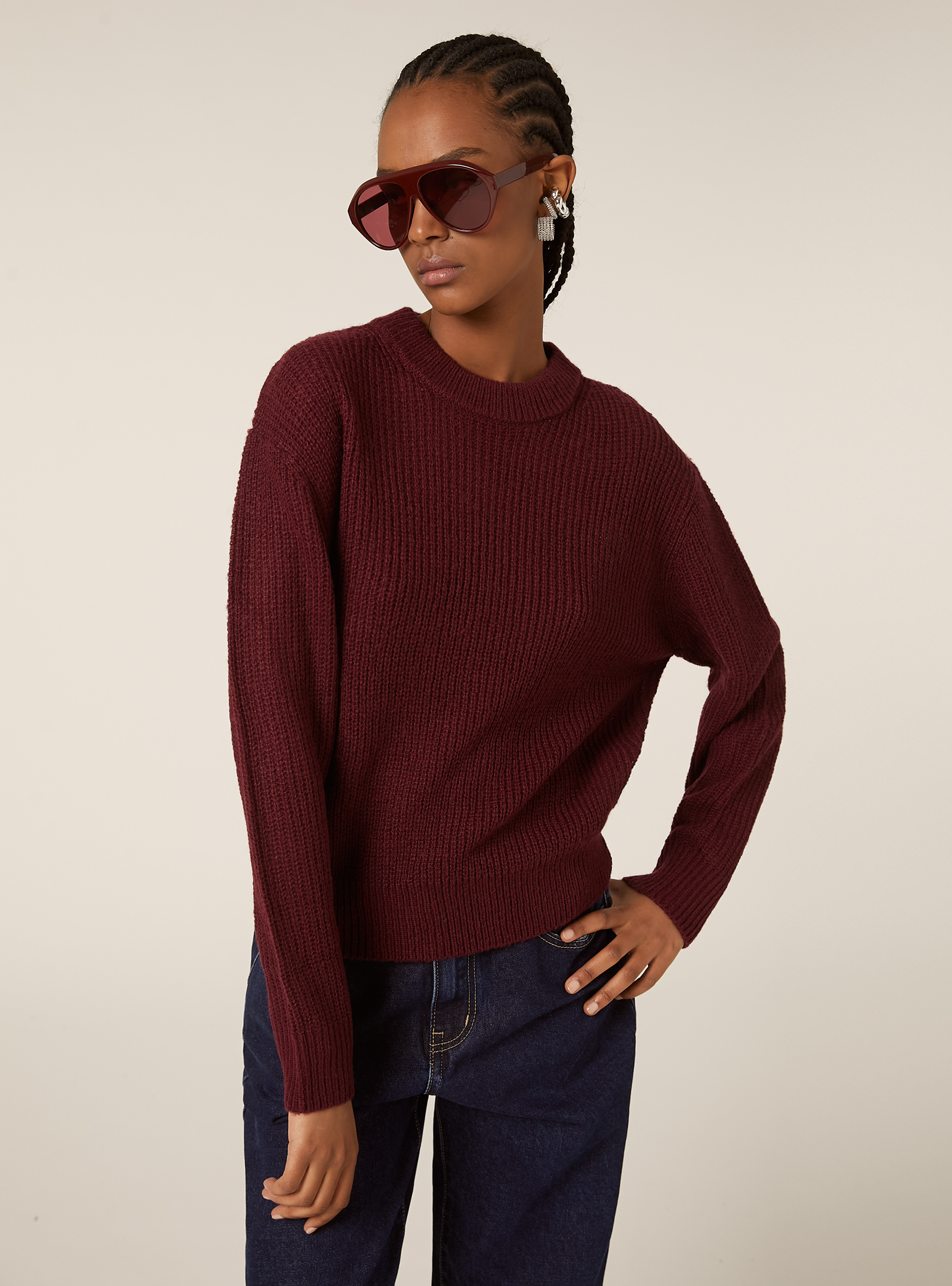 Pullover girocollo tinta unita, BO1 BORDEAUX DARK