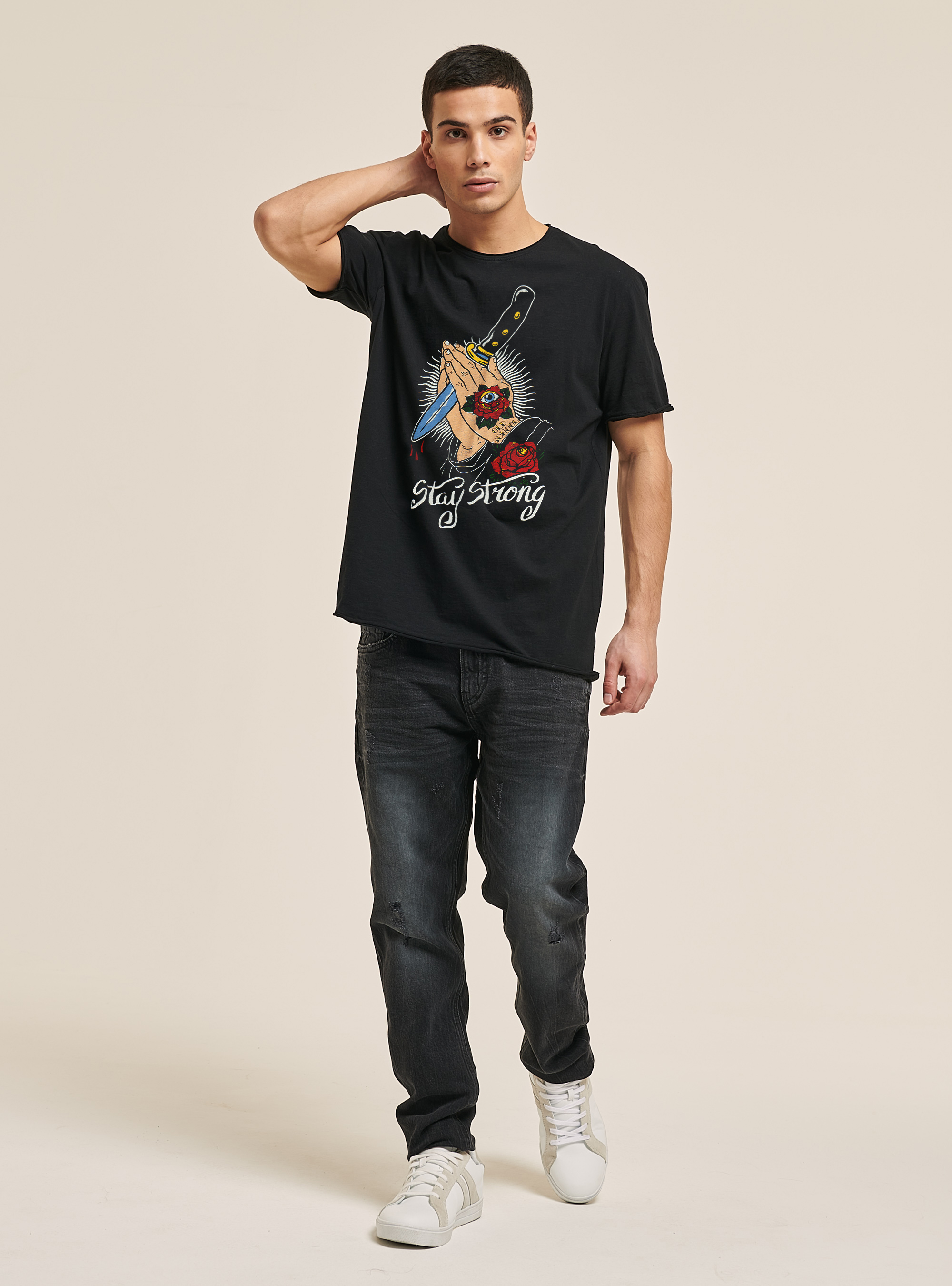 T-shirt with tattoo print, BLACK