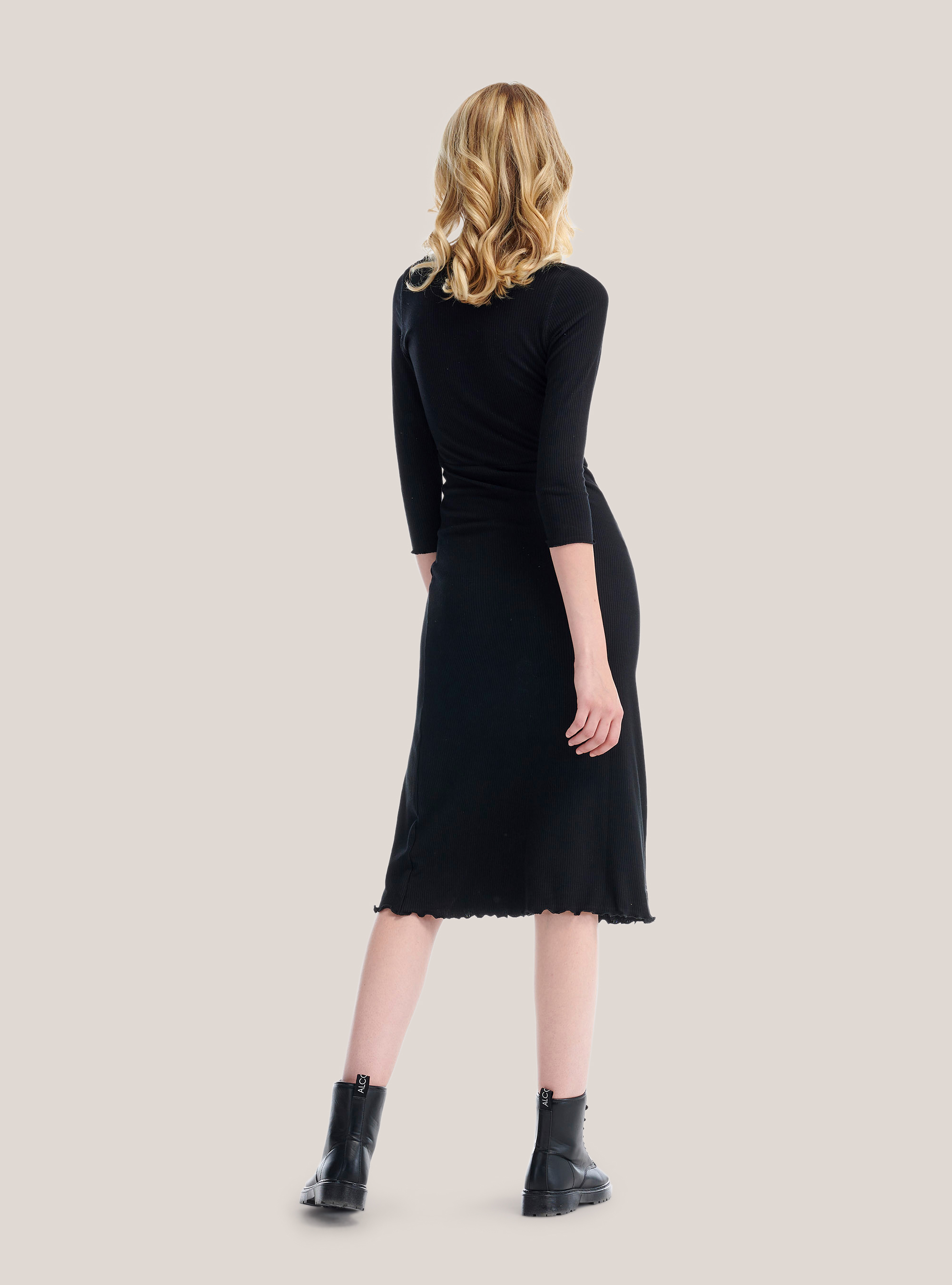 Vestito lungo a costine tessuto stretch, NERO