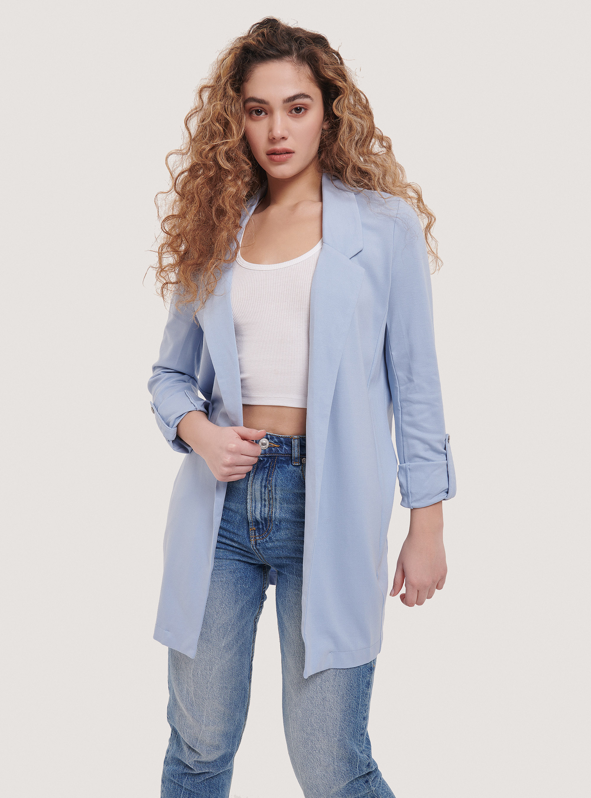 Blazer lungo in tinta unita, C177 AZZURRE