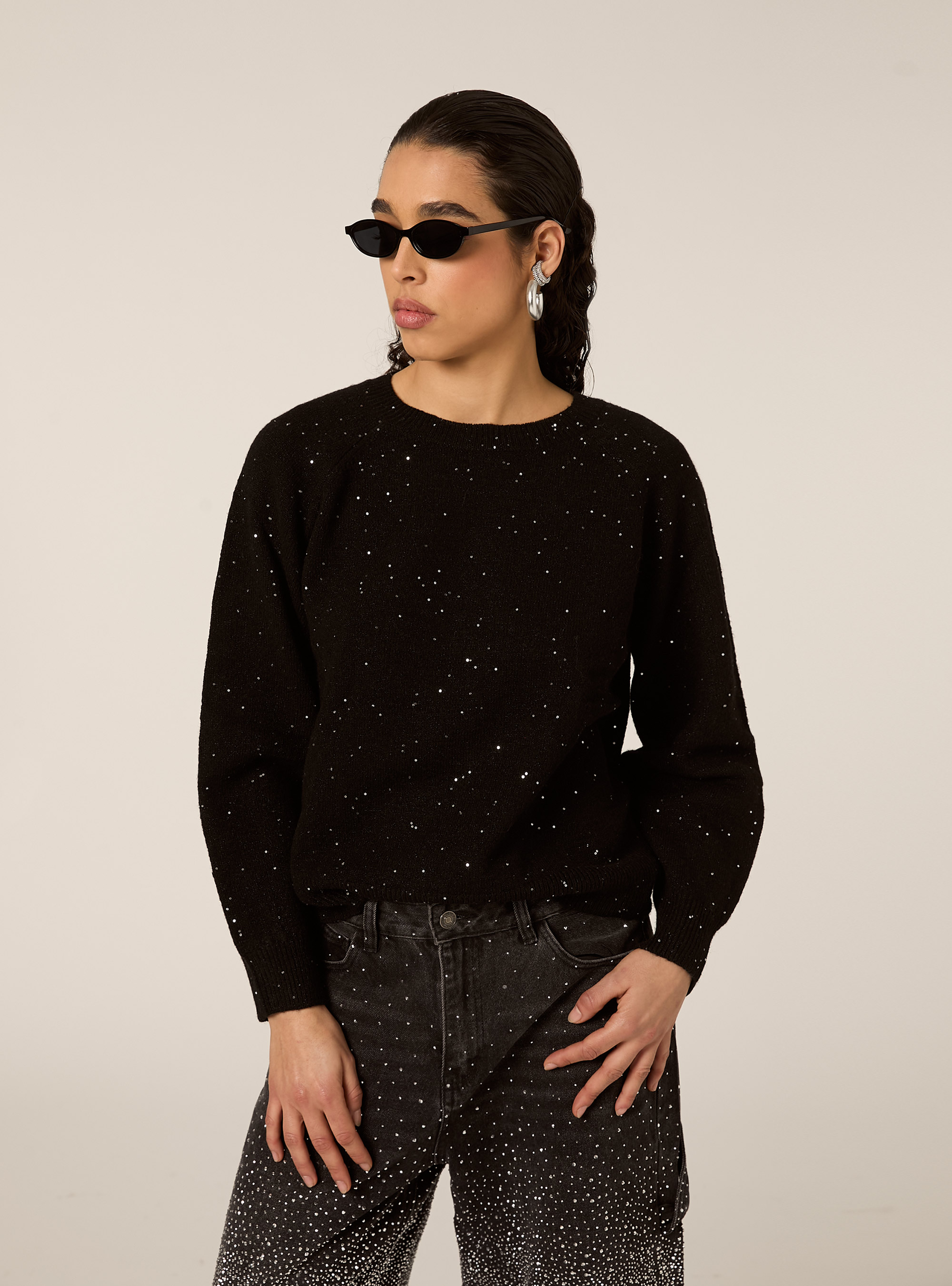 Maglia girocollo manica raglan in lurex, BK1 BLACK