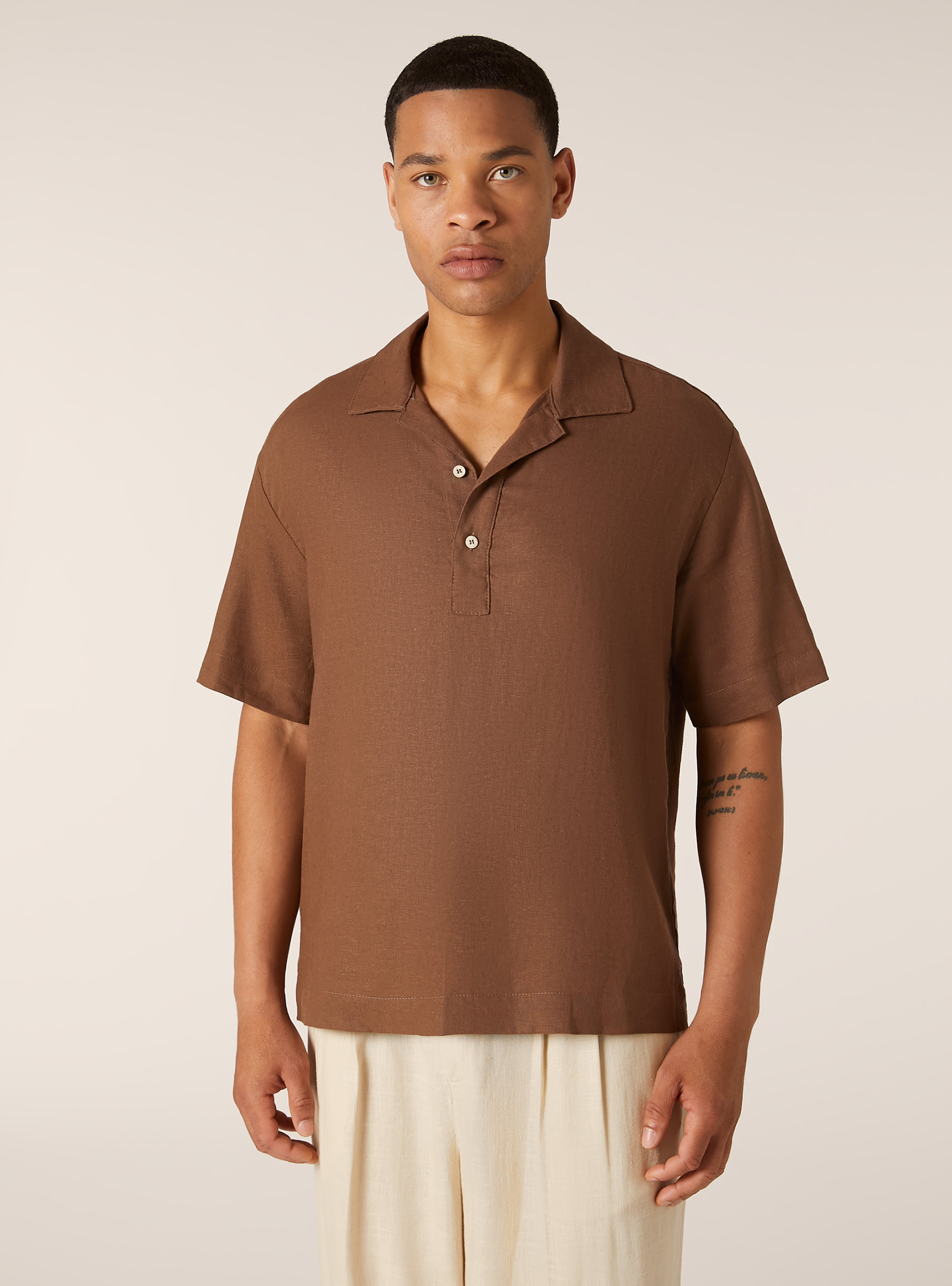 Camicia in misto lino a maniche corte, TB2 TOBACCO MEDIUM