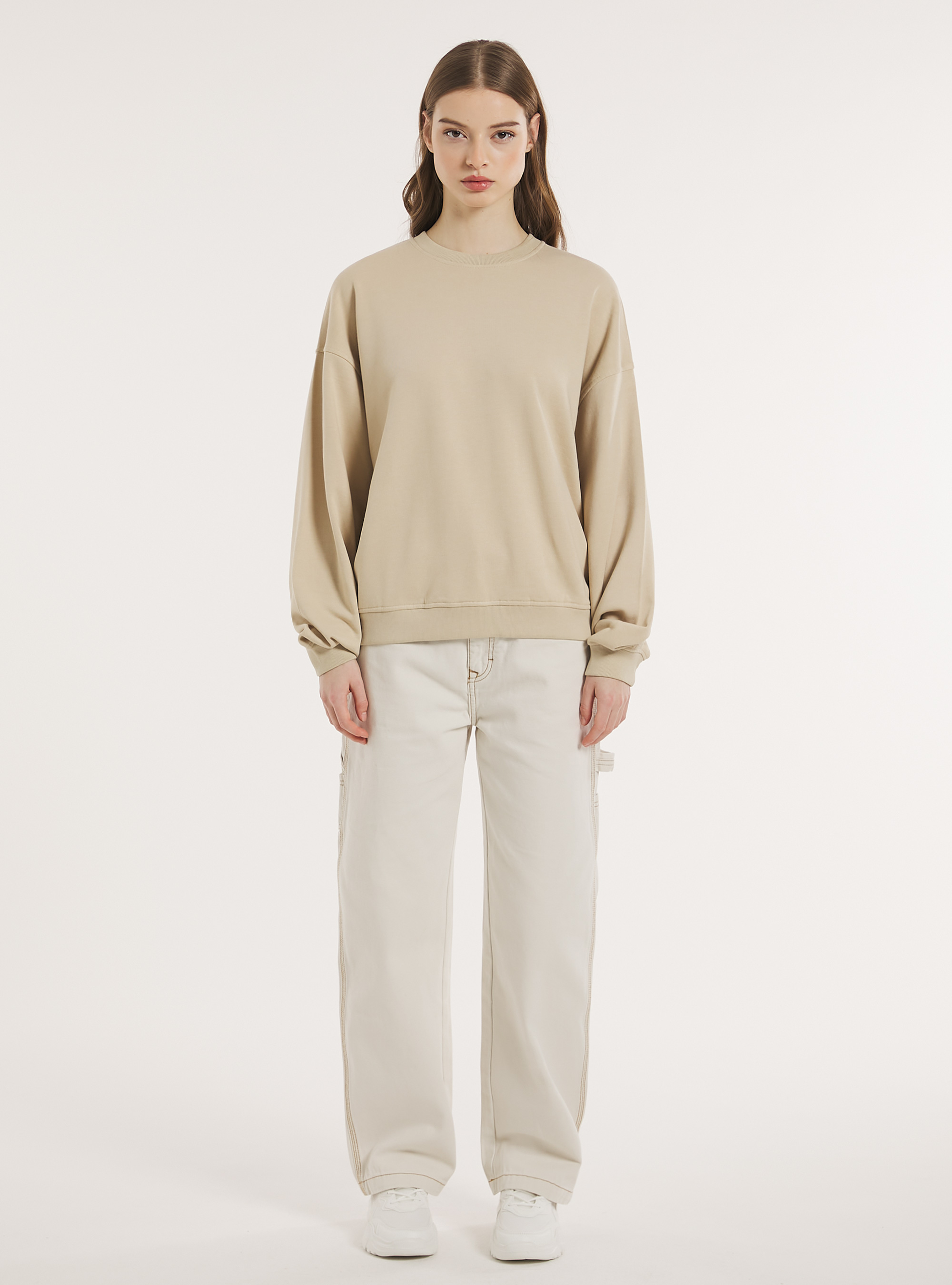 Plain cotton crew-neck sweatshirt, BG2 BEIGE MEDIUM