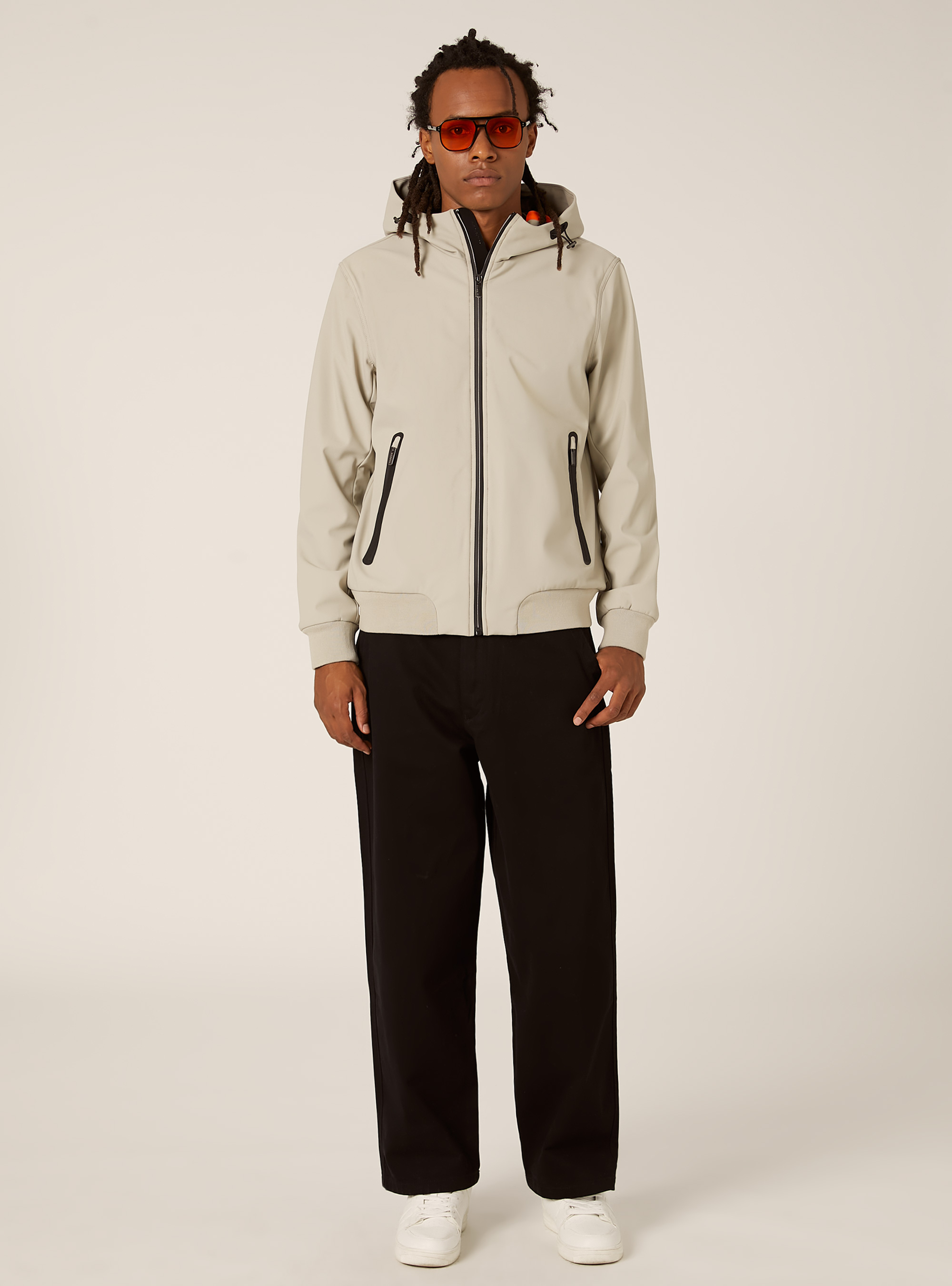 Technical fabric jacket with hood, CR3 CREAM LIGHT