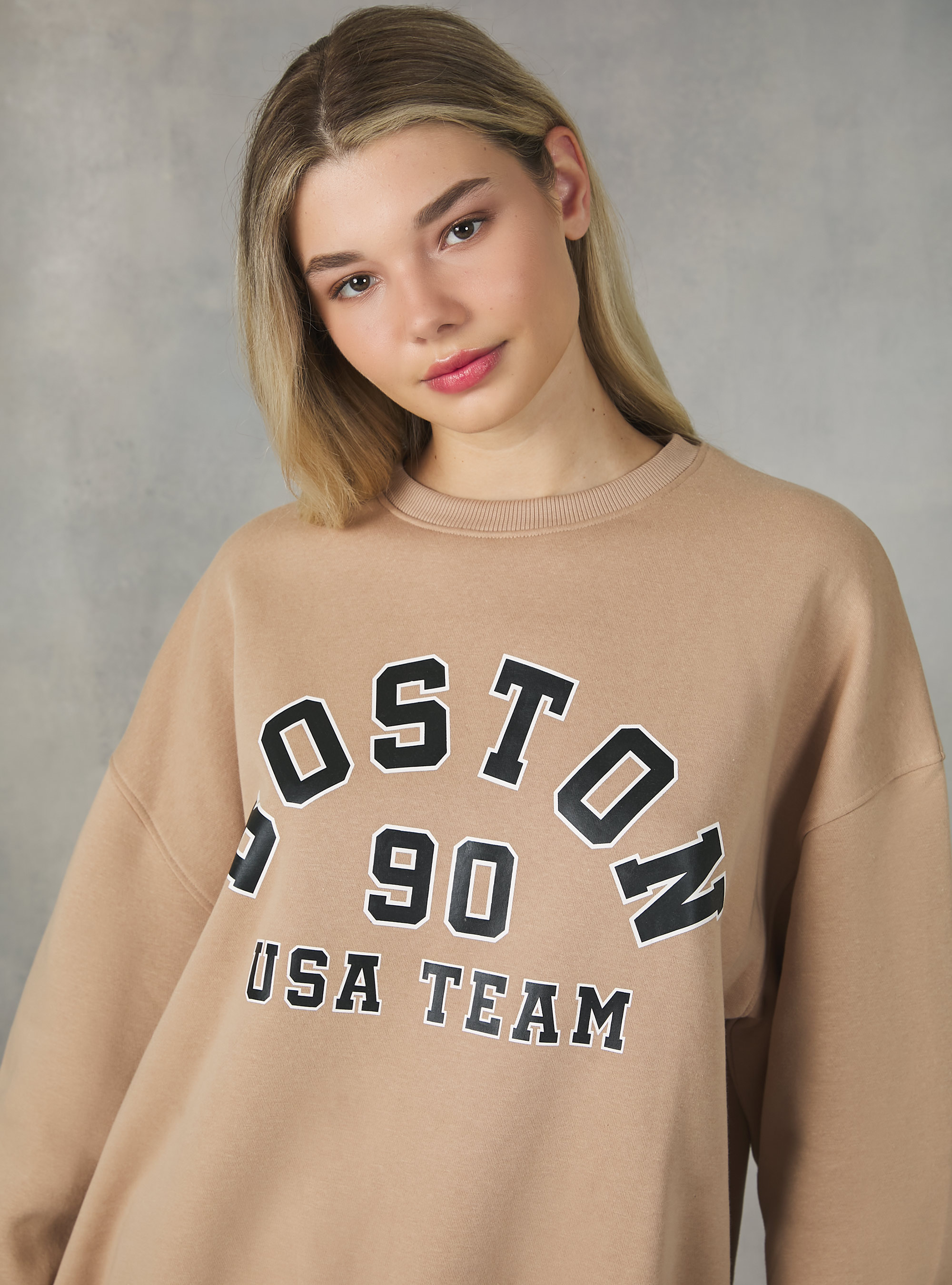 Sudadera college comfort fit de cuello redondo, BG2 BEIGE MEDIUM