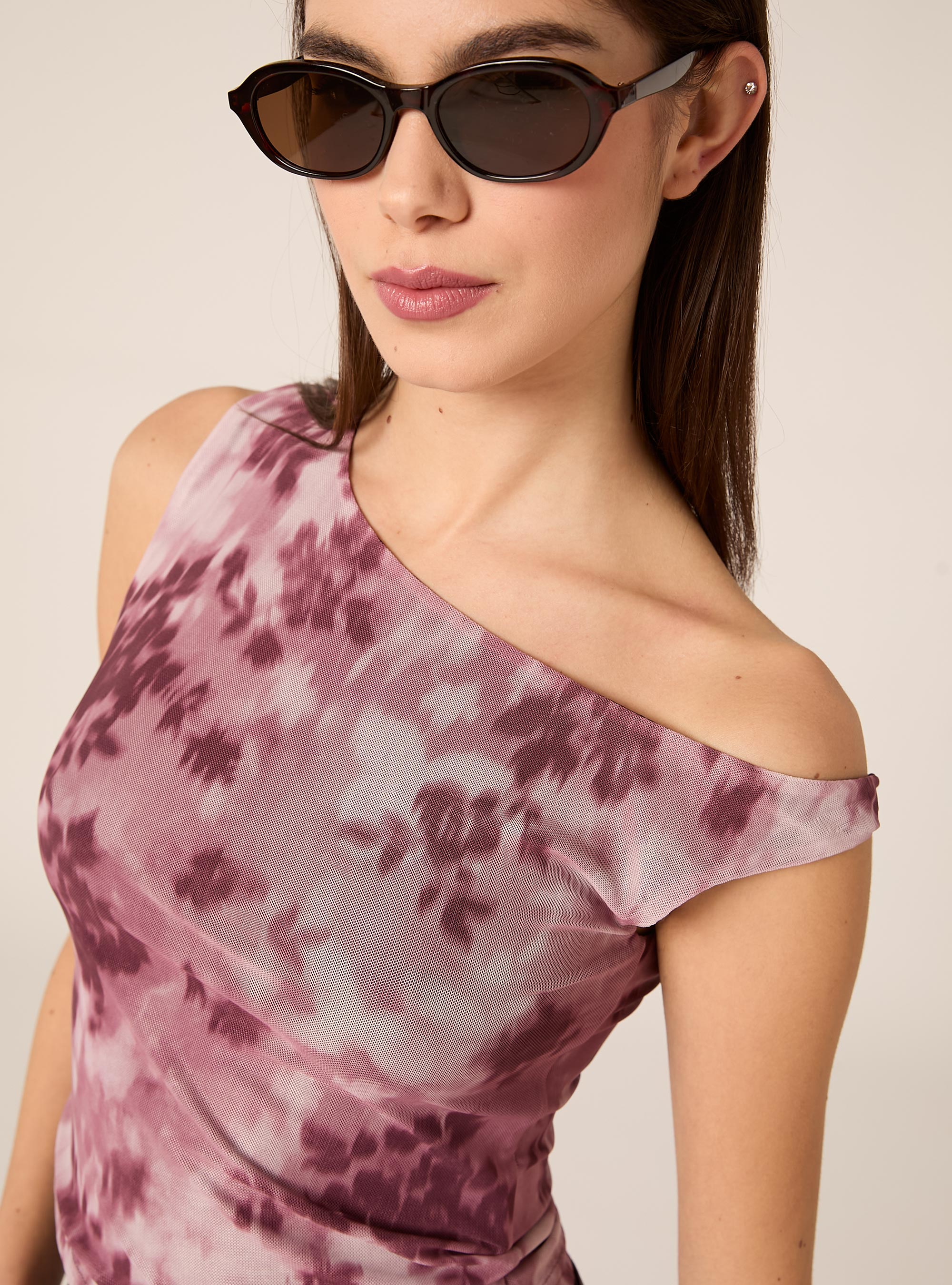 Asymmetrisches T&uuml;ll-T-Shirt, PK1 PINK DARK