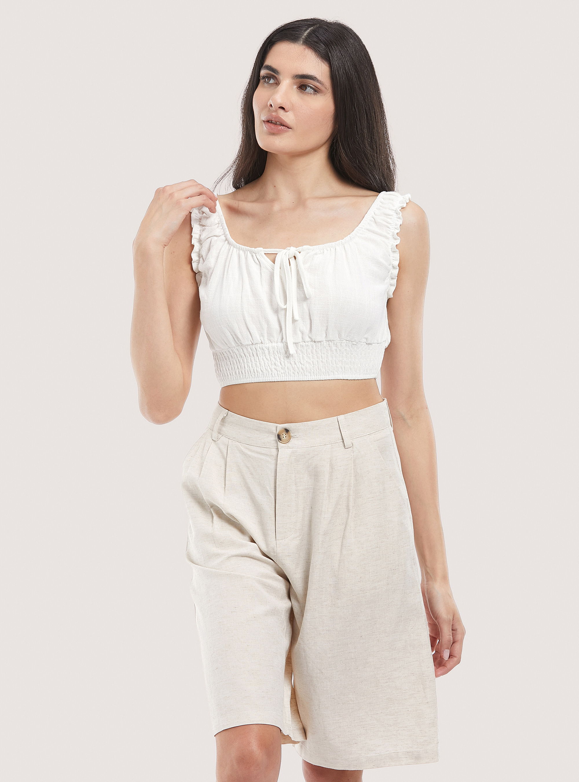 Blusa recortada en mezcla de lino, BLANCO