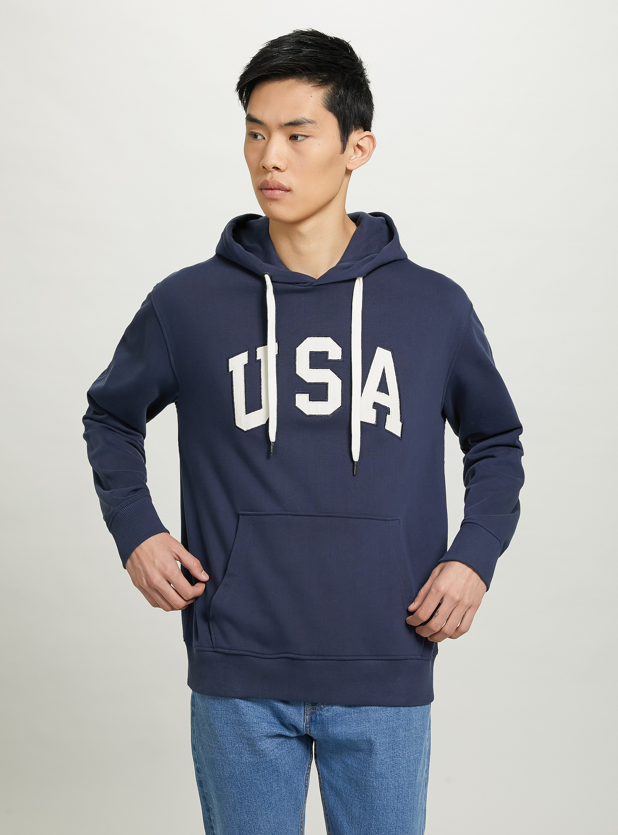 Sweat-shirt en coton avec capuche et patch USA, C2456 BLU