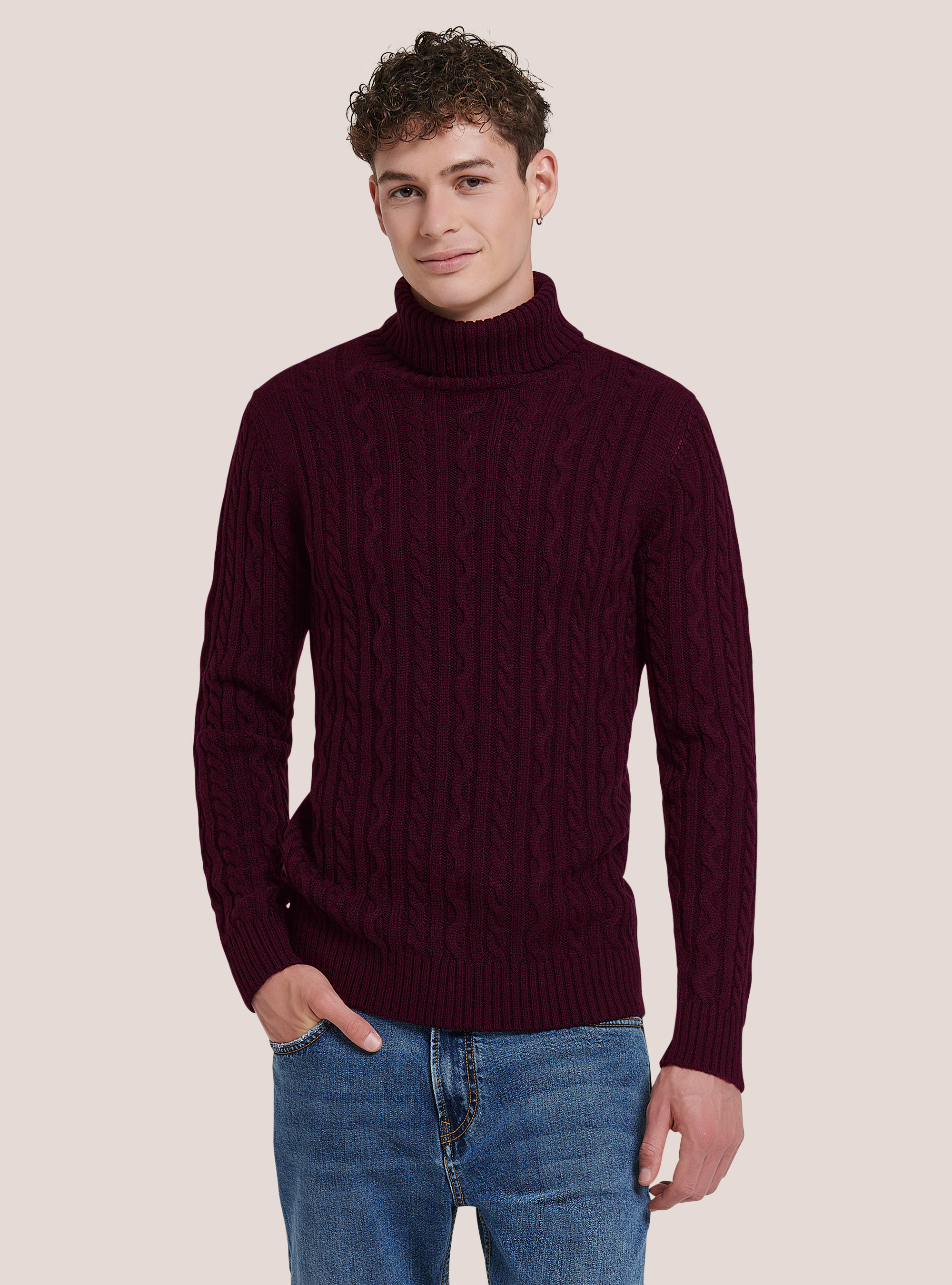 Pullover collo alto con trecce, BO2 BORDEAUX MEDIUM