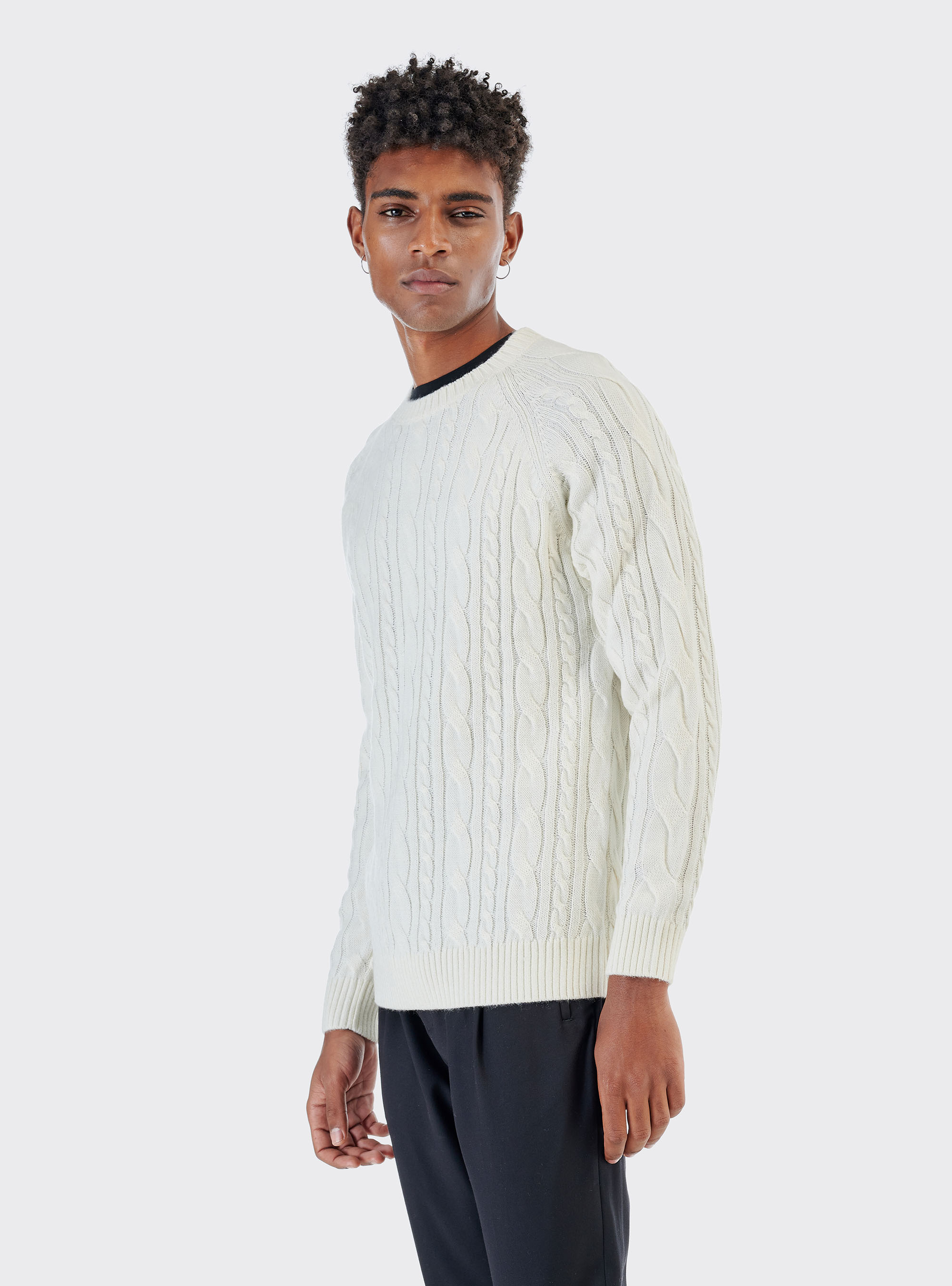 Pullover in misto lana con lavorazione a trecce, BIANCO SPORCO