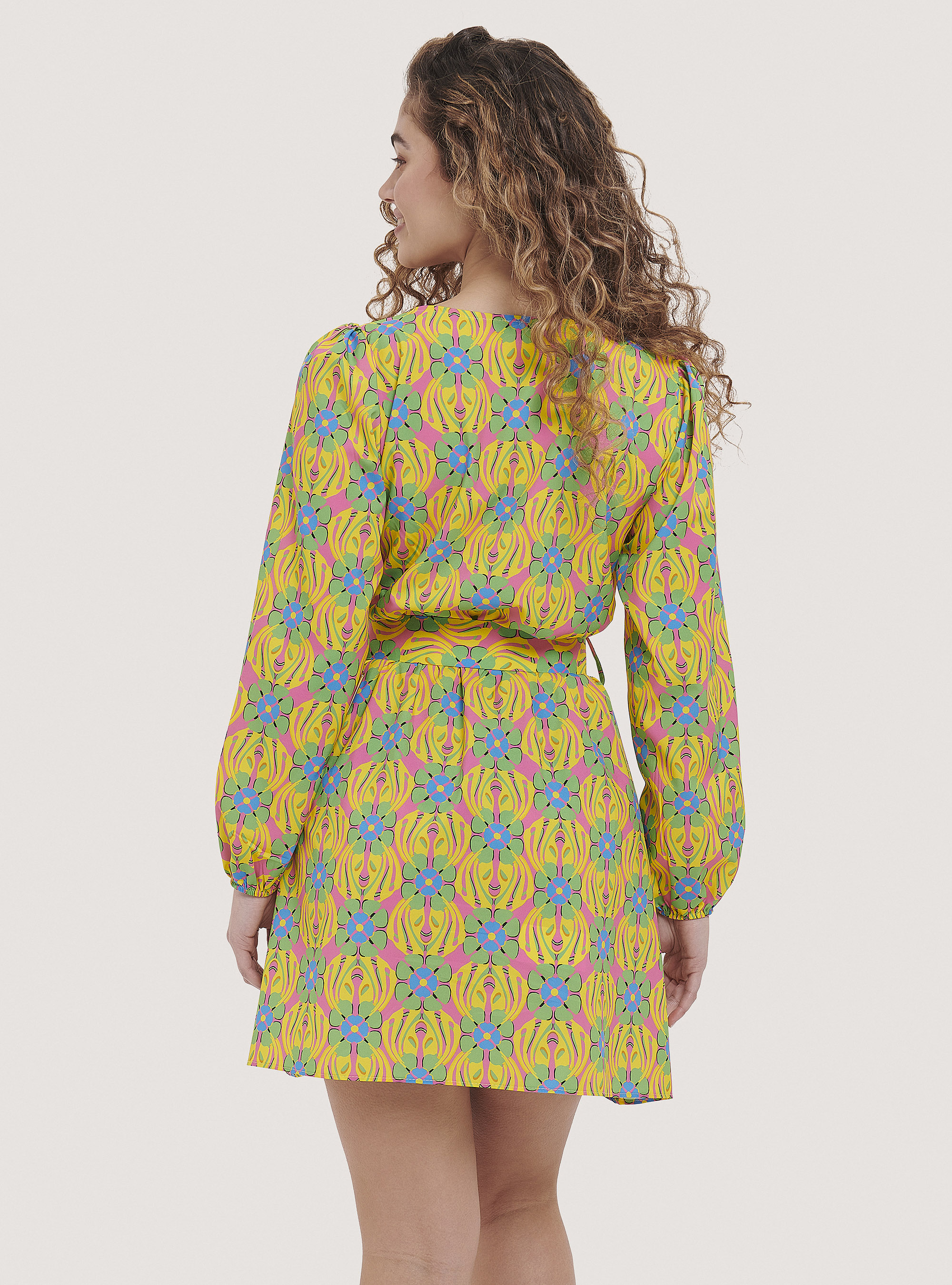 Dress with floral print and waistband, C4430 FUXIA