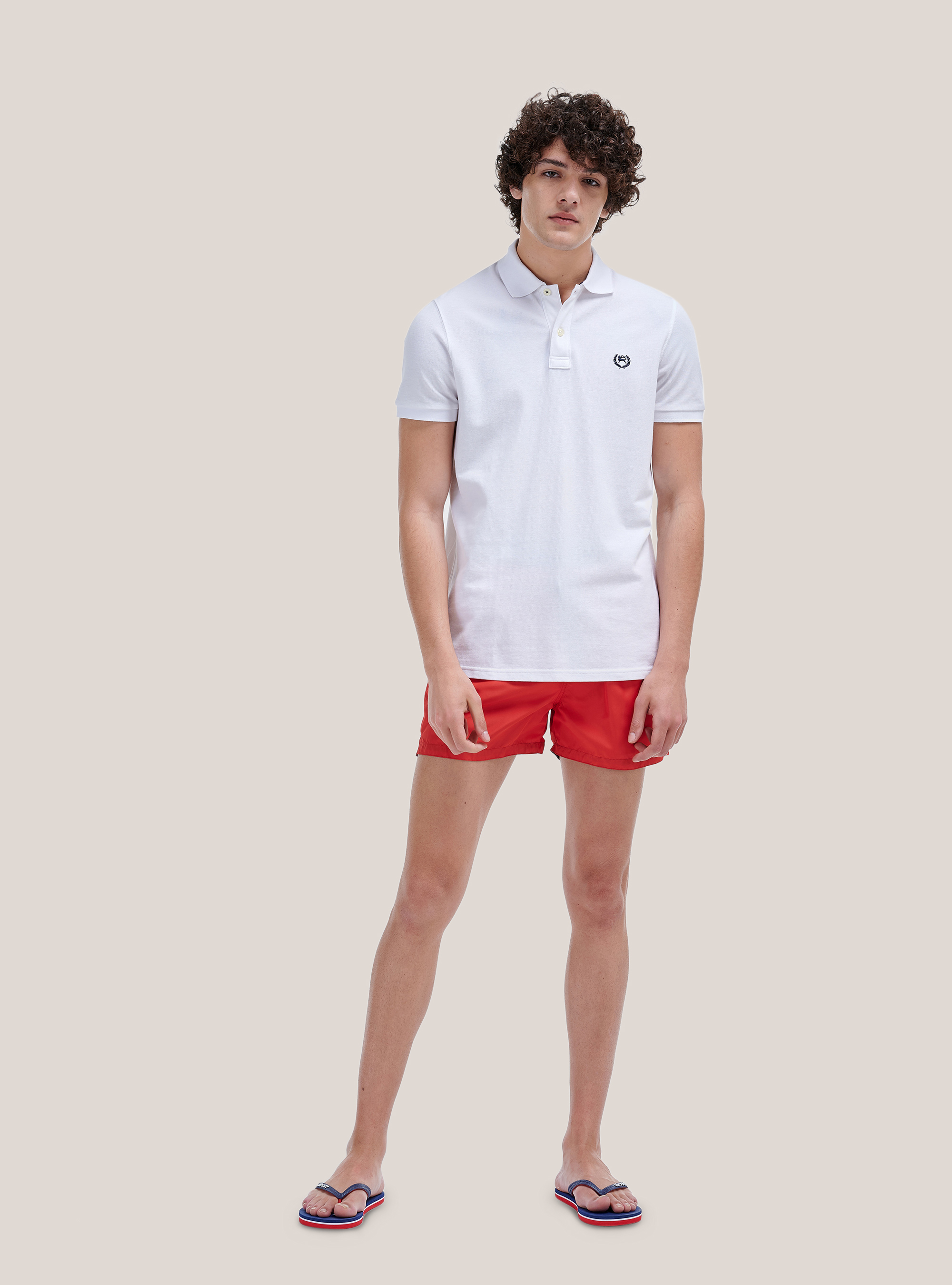 Color solid swimsuit with front embroidery and back pocket., RED