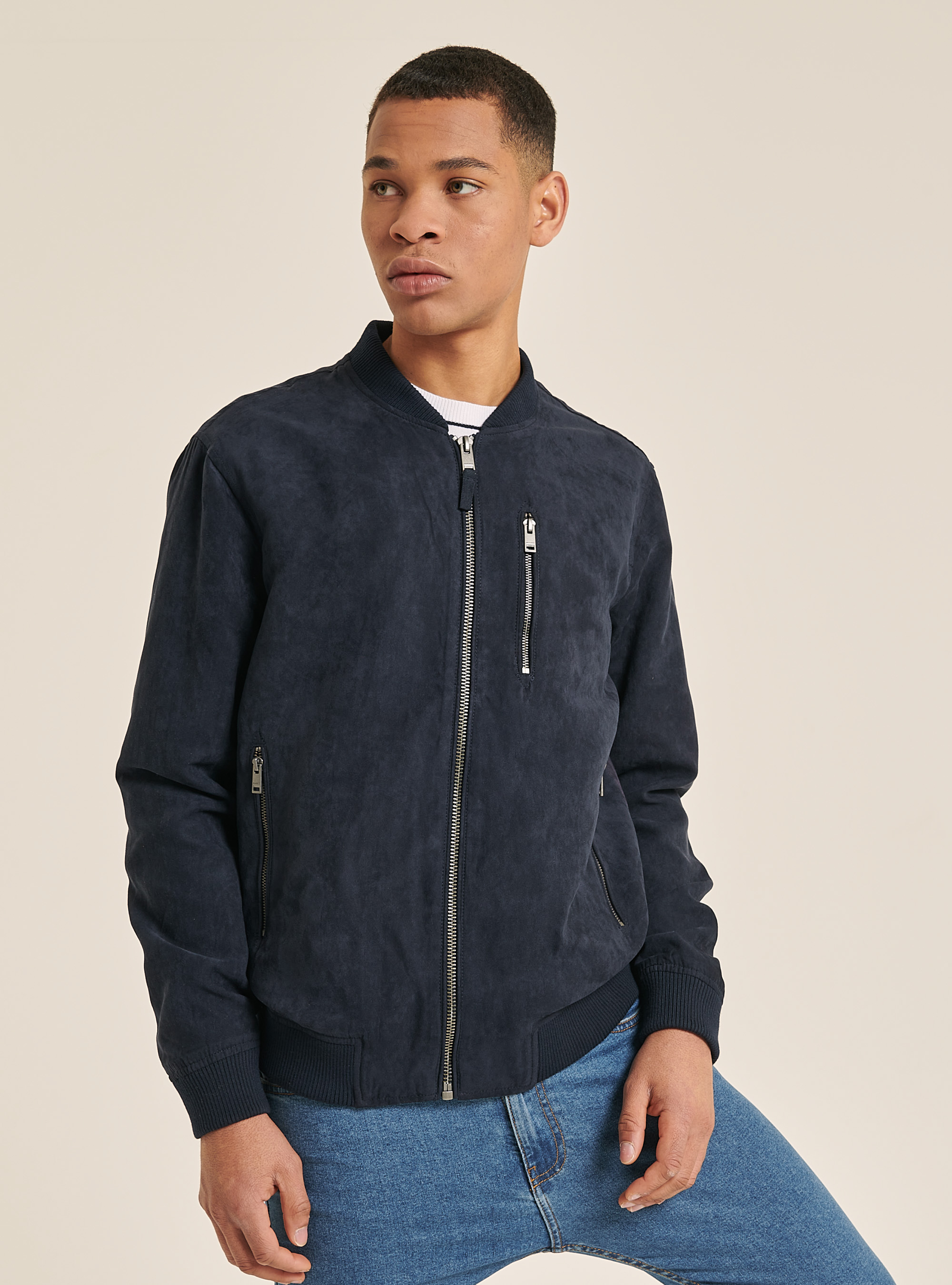 Blouson bomber effet faux daim, C204 BLU NAVY
