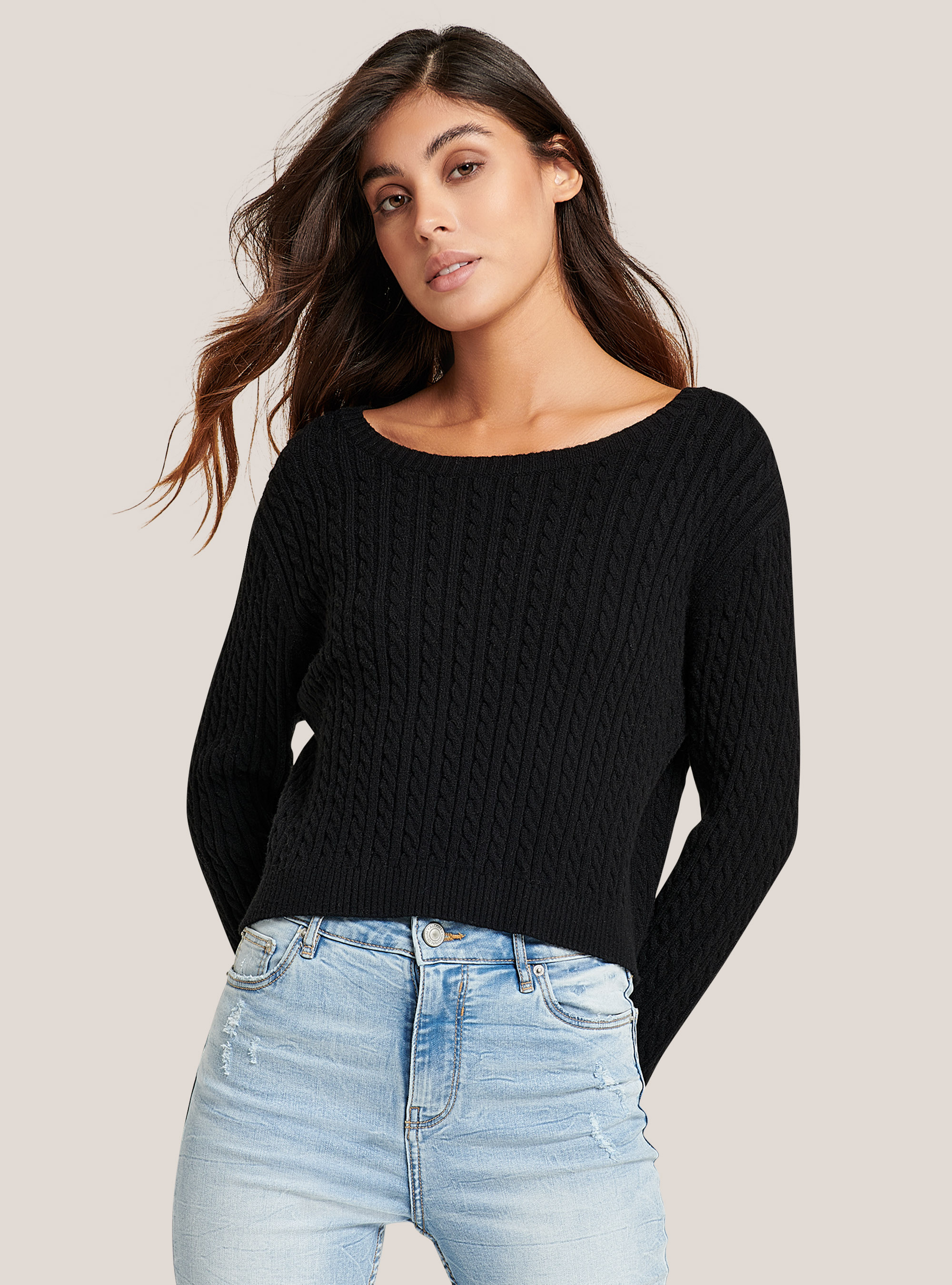 Cropped pullover with braids soft touch, BLACK