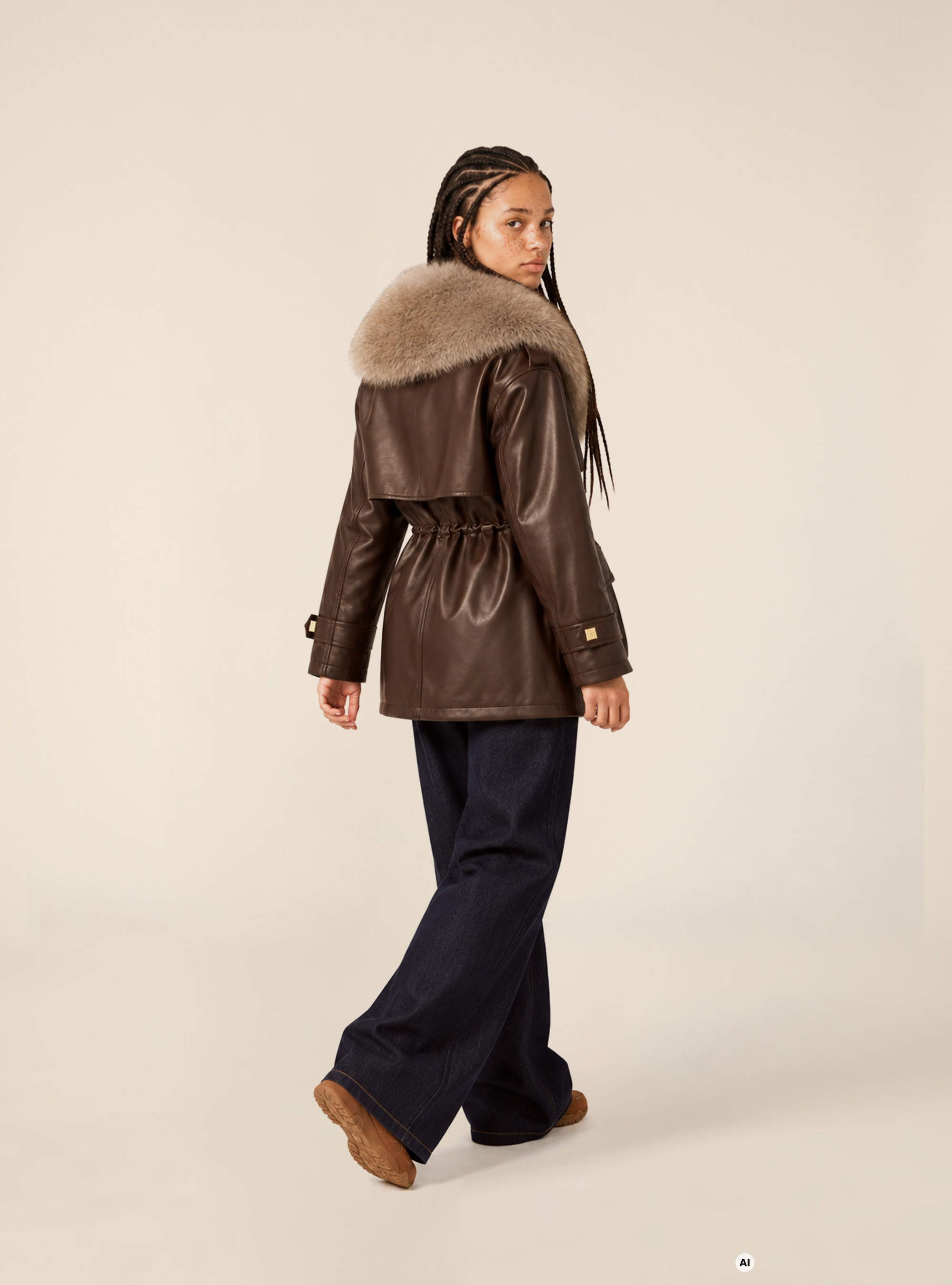 Faux leather jacket with faux fur collar, BR1 BROWN DARK