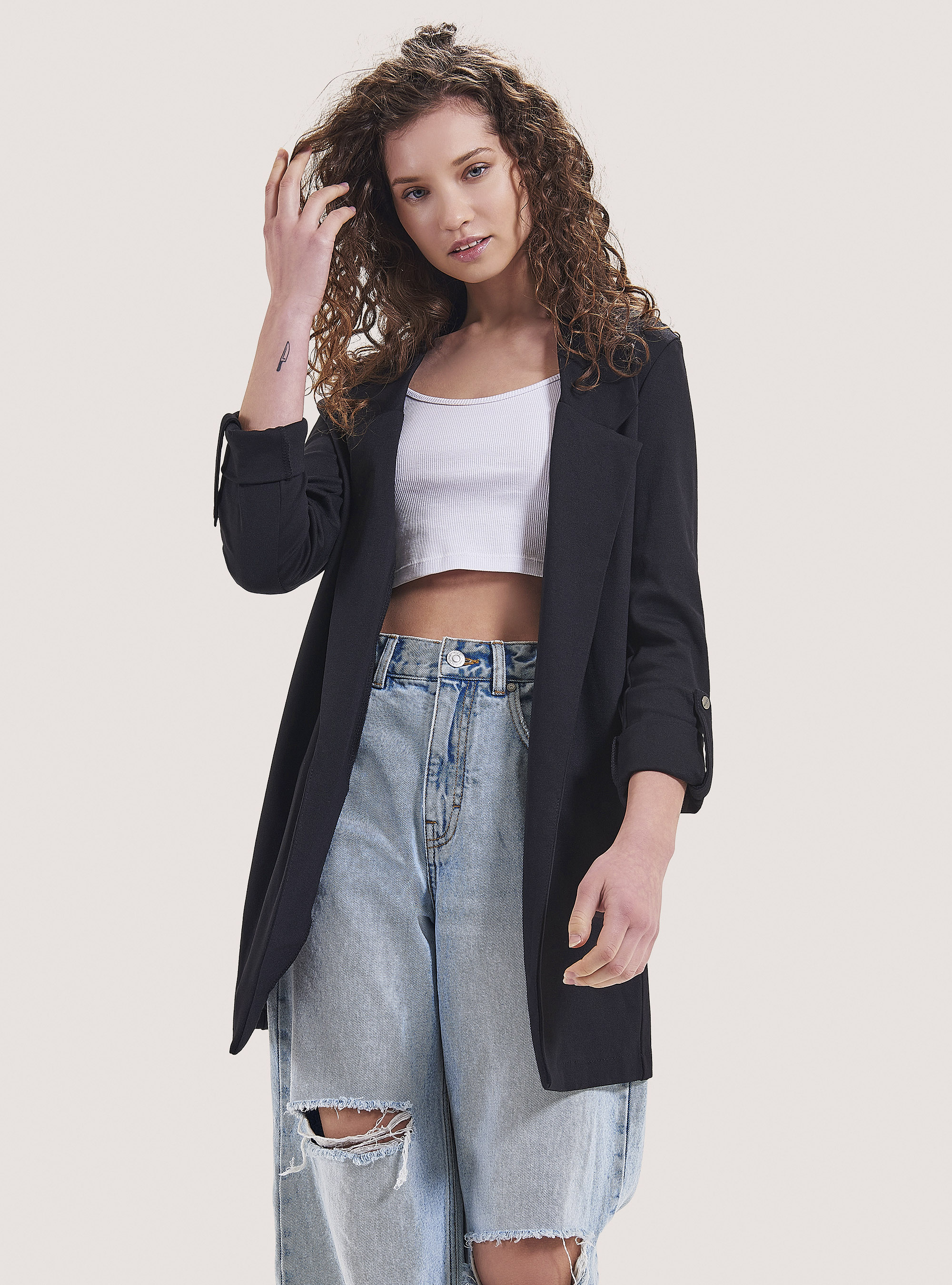 Blazer lungo in tinta unita, BLACK