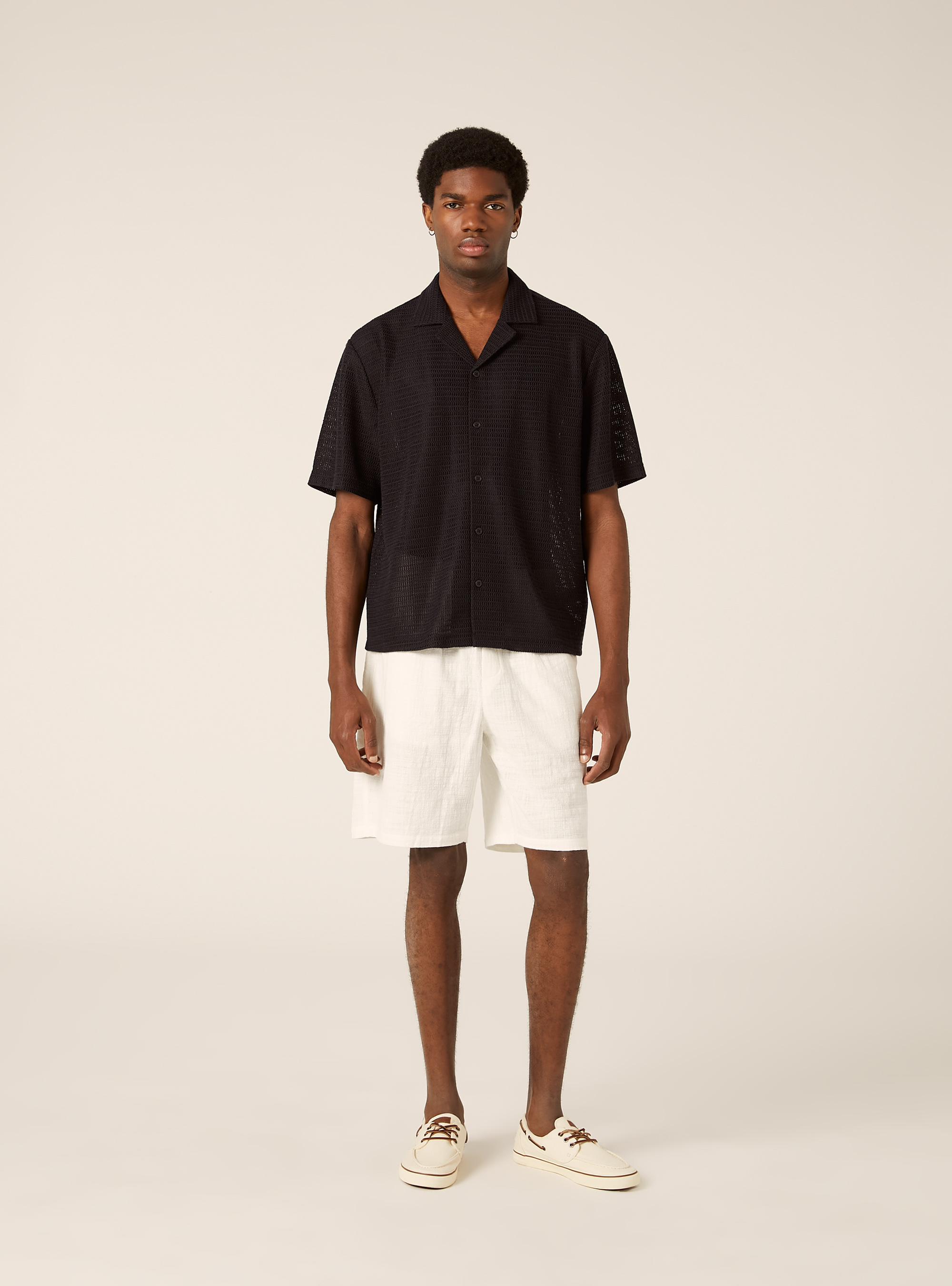 Bermuda in cotone con elastico in vita, PANNA