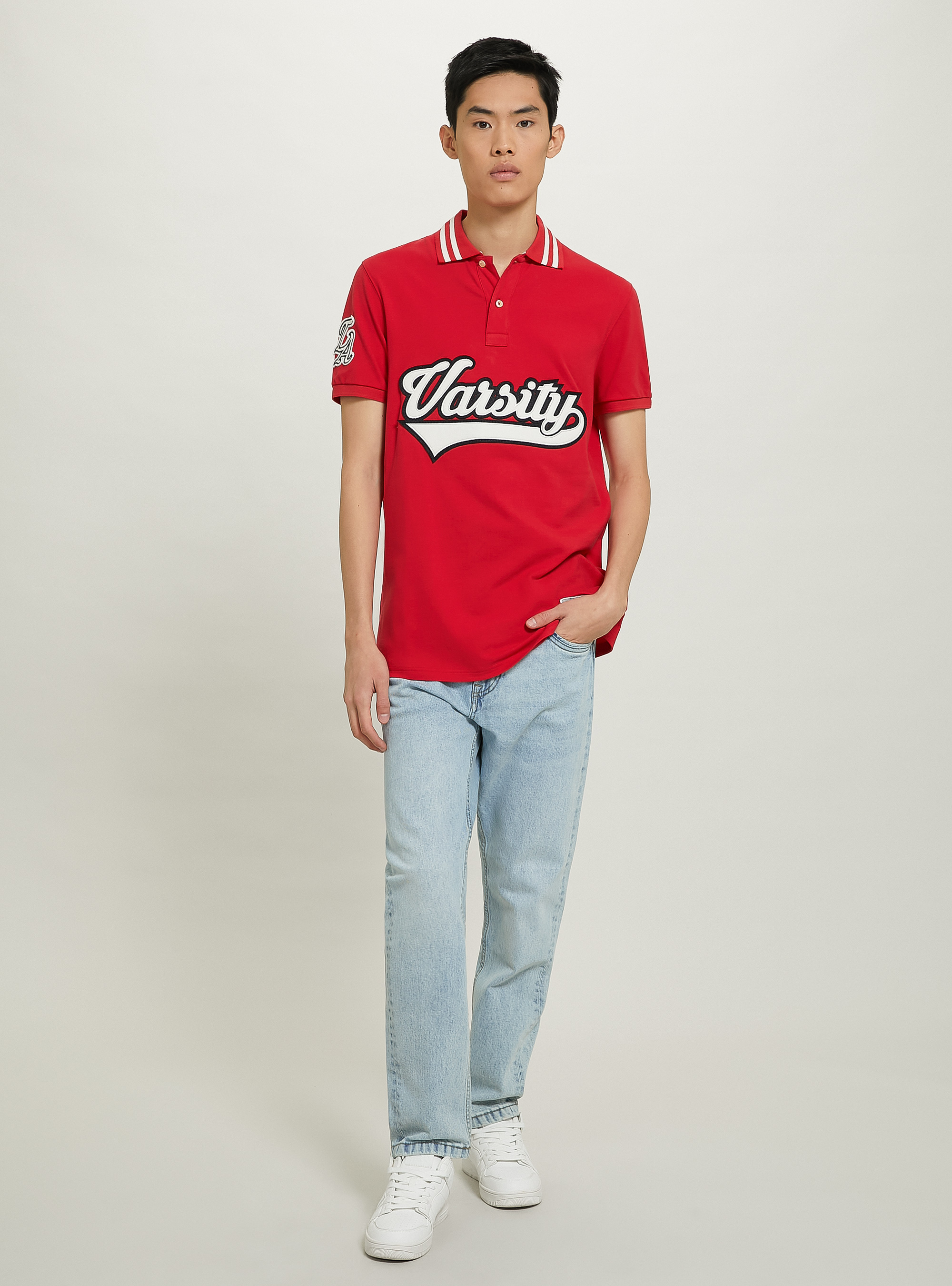 Polo in cotone con patch Varsity, C3376 RED
