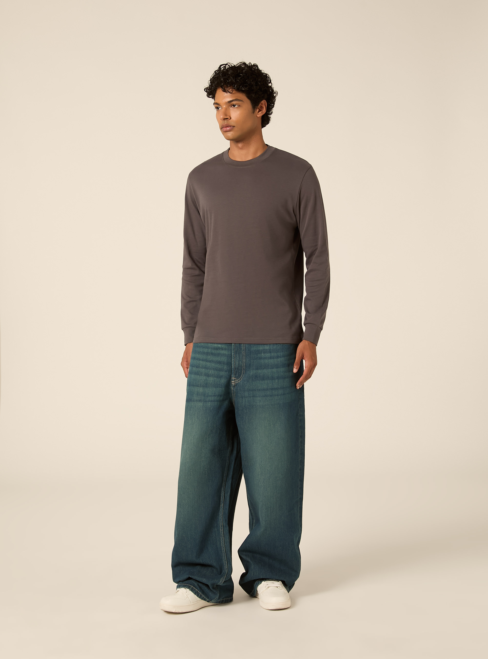 Maglia girocollo maniche lunghe interlock, GRIGIO SCURO
