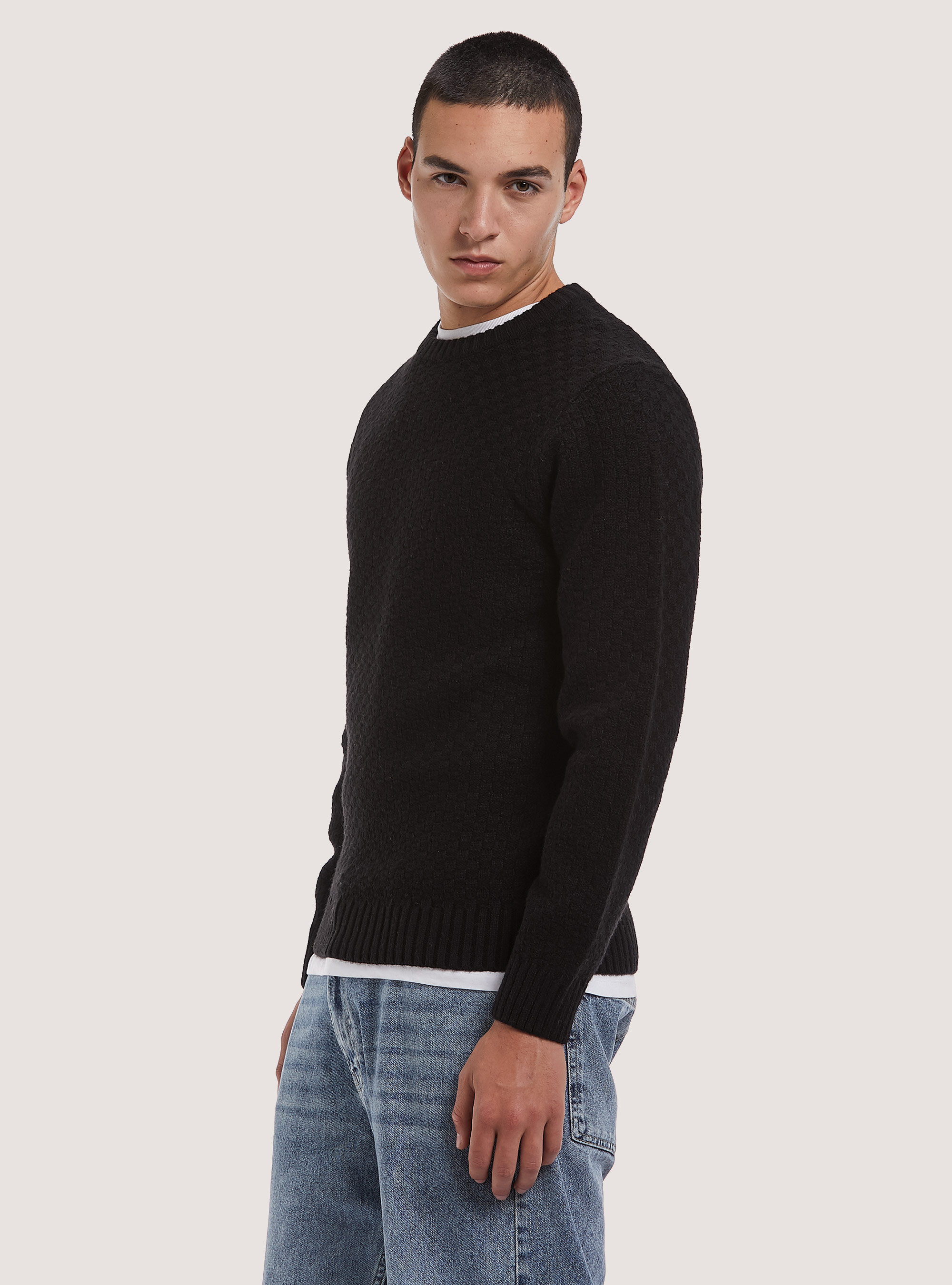 Pullover caldo con texture geometrica, BK1 BLACK