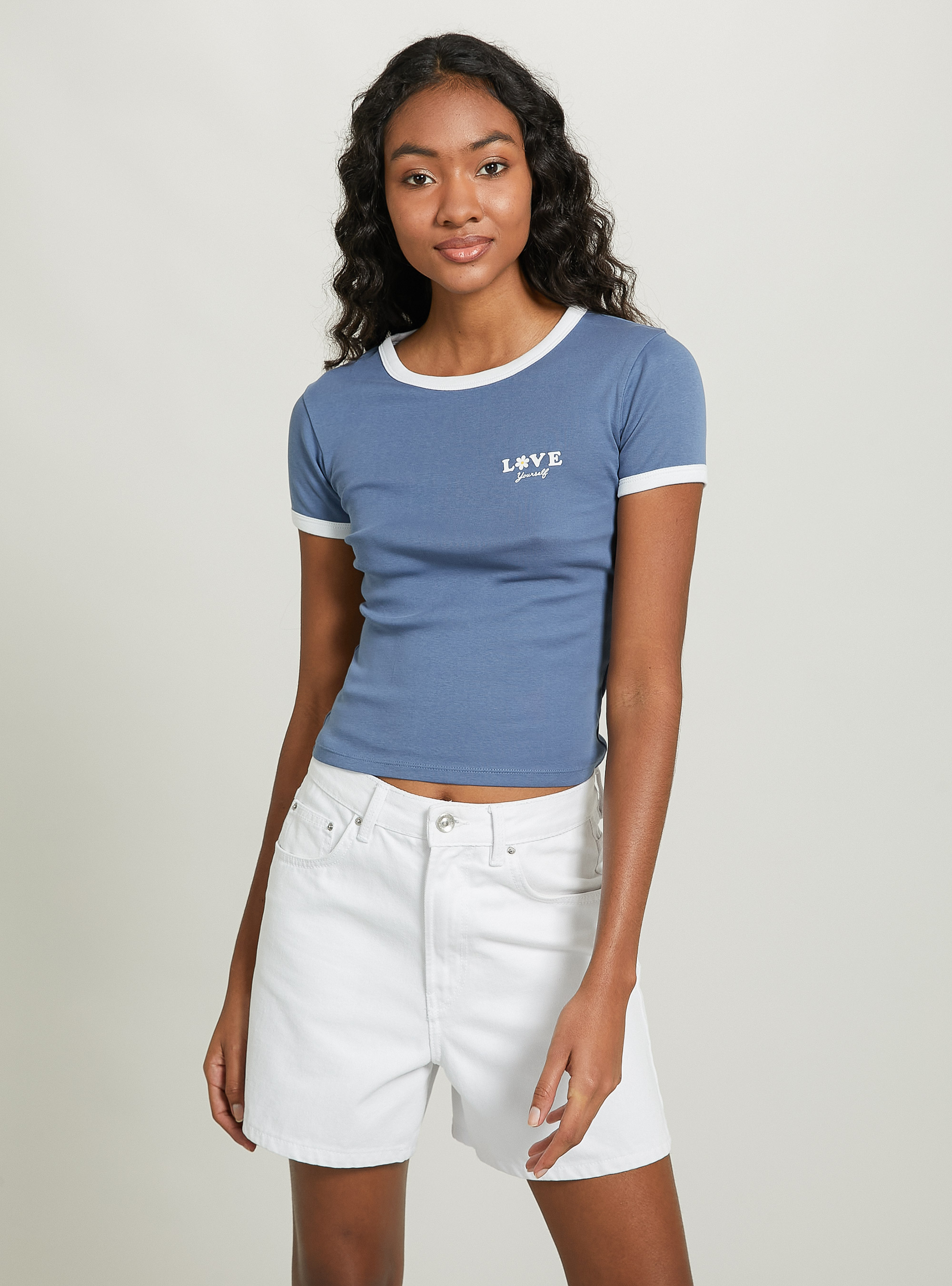 T-shirt with print and contrasting piping, C1238 AZZURRE