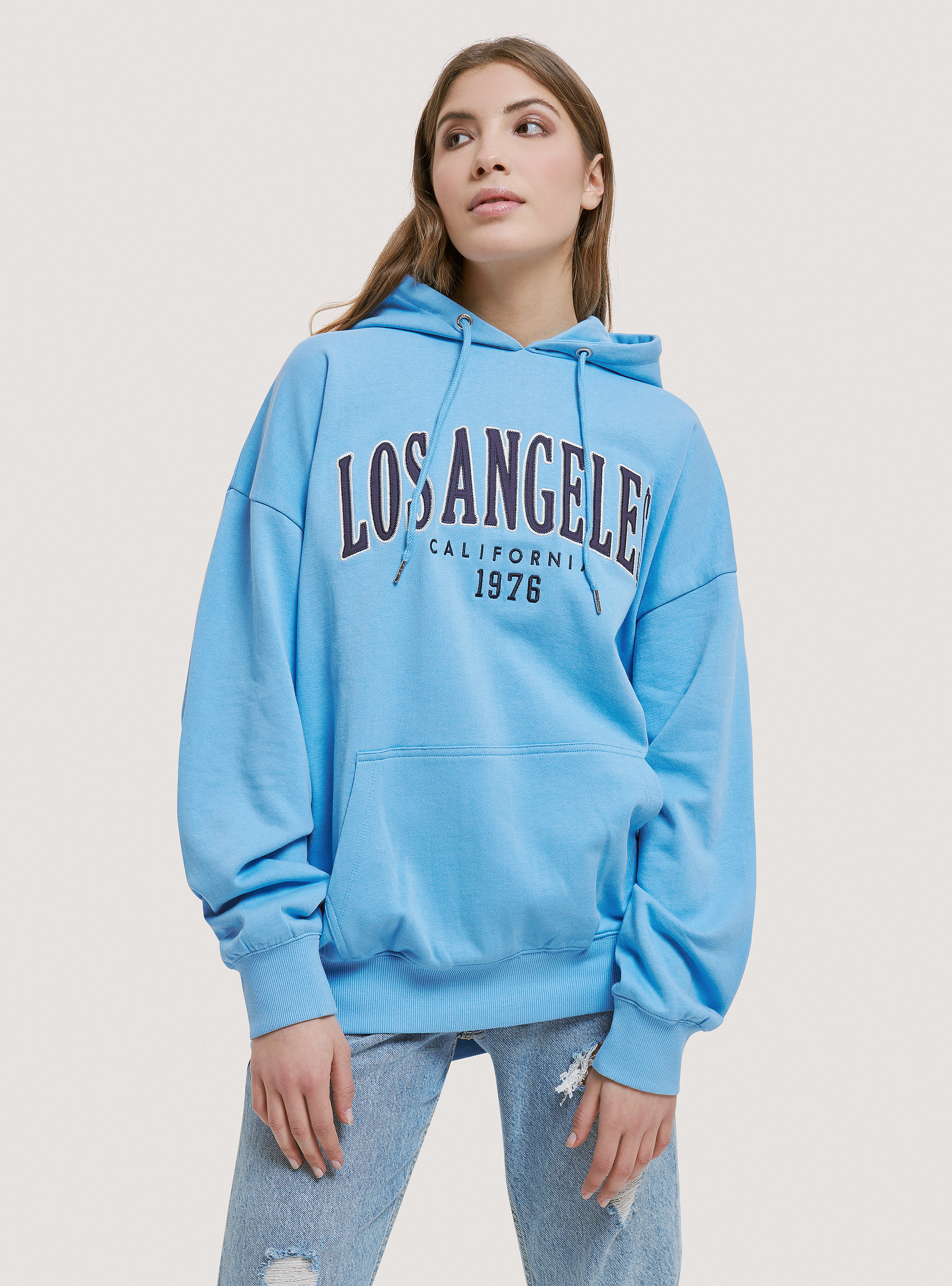 Sudadera universitaria de algod&oacute;n con capucha, CELESTE