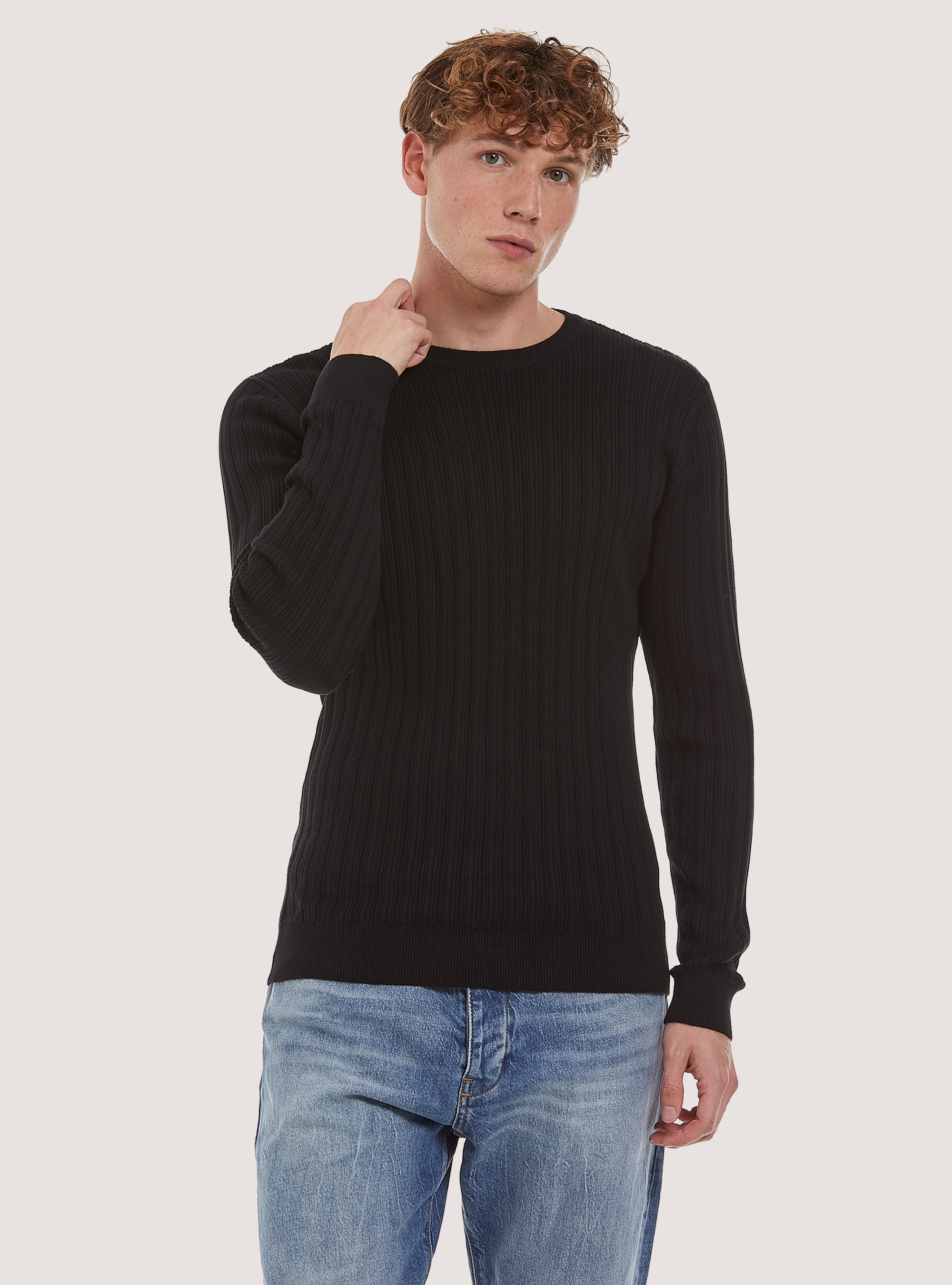 Crew-neck pullover with texture, BK1 BLACK