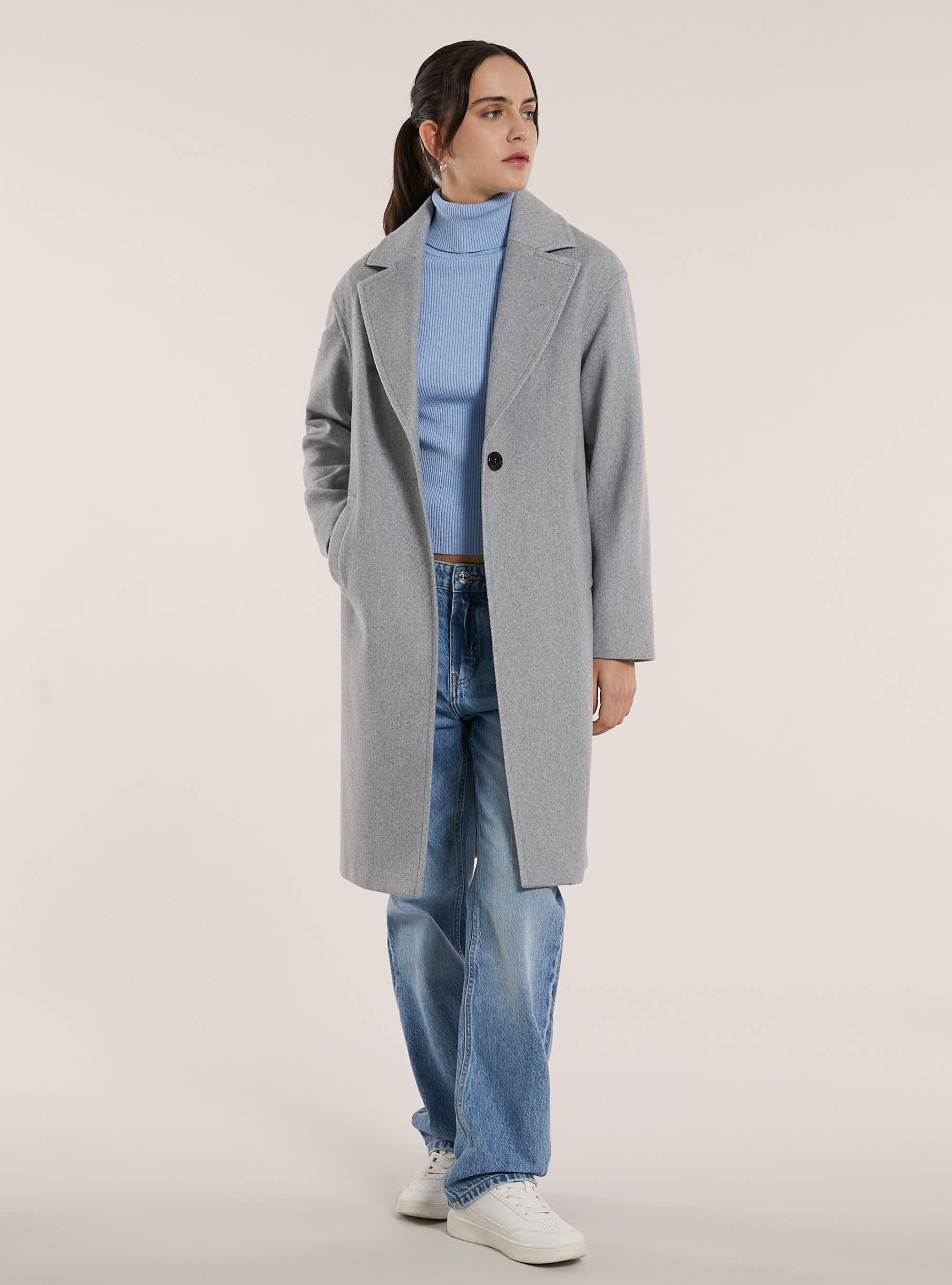 Plain single-breasted coat, MGY3 GREY MEL LIGHT