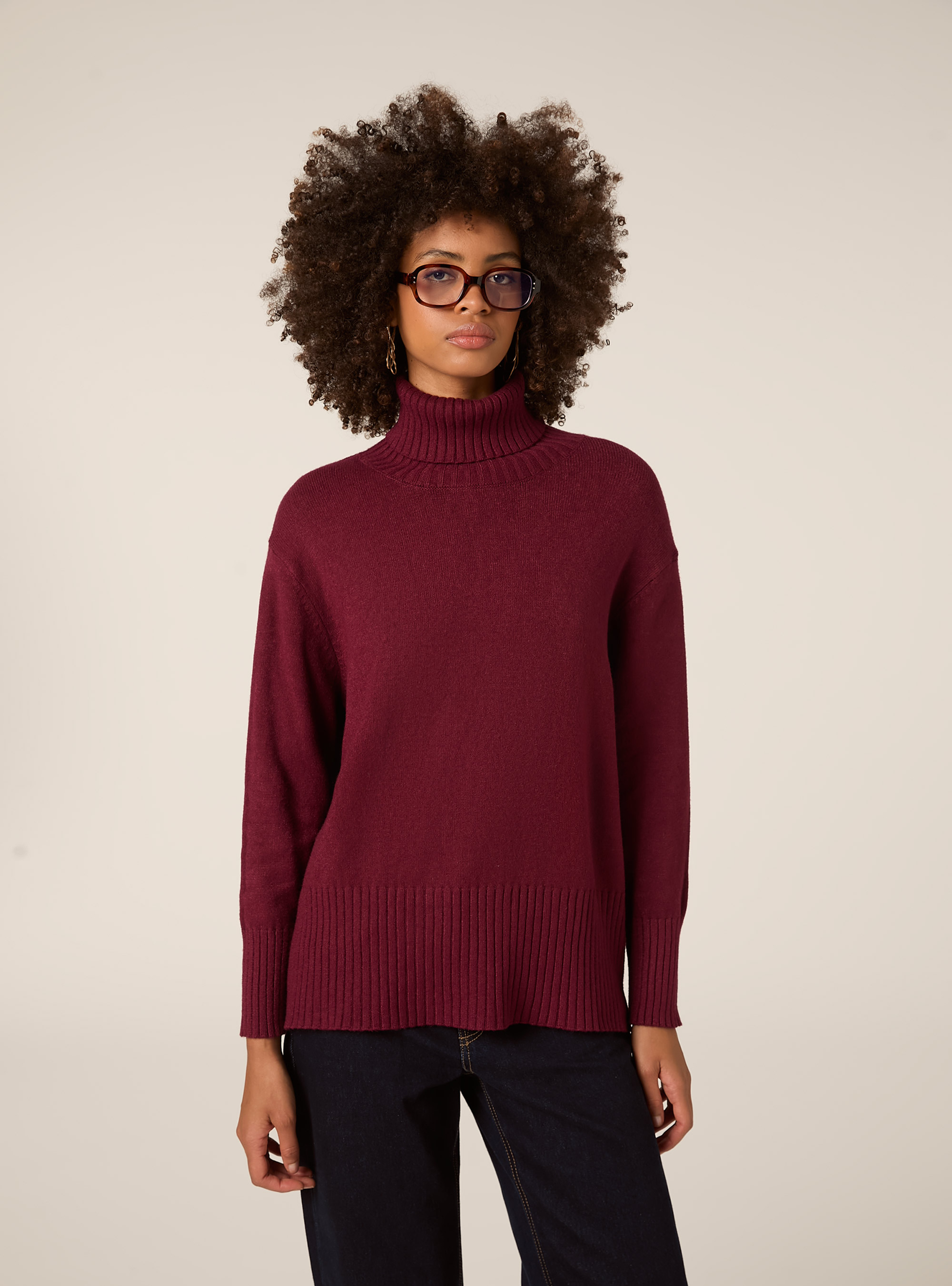 Pullover collo alto fondo a coste, BO1 BORDEAUX DARK