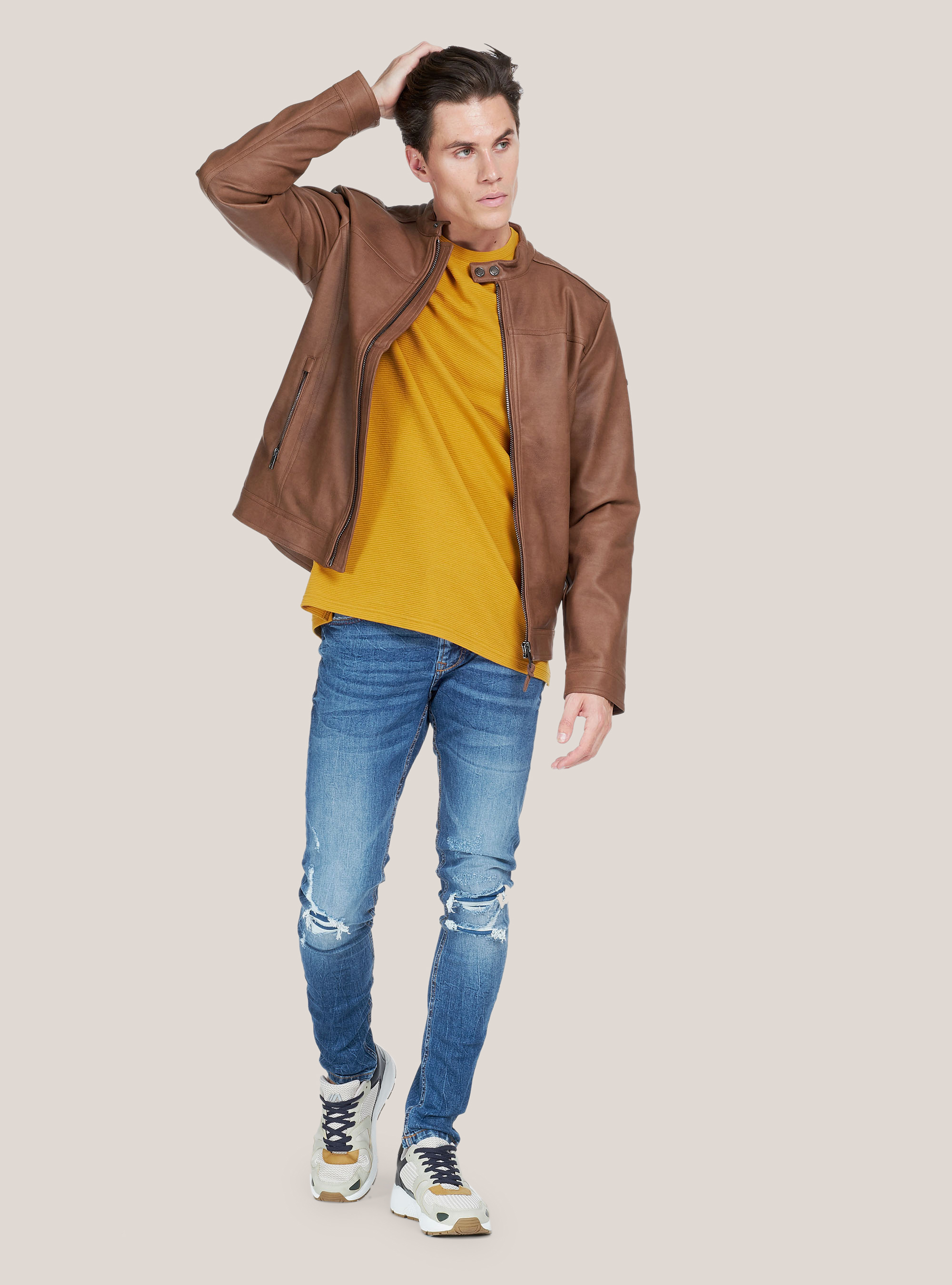 Giubbotto con zip effetto pelle, TABACCO