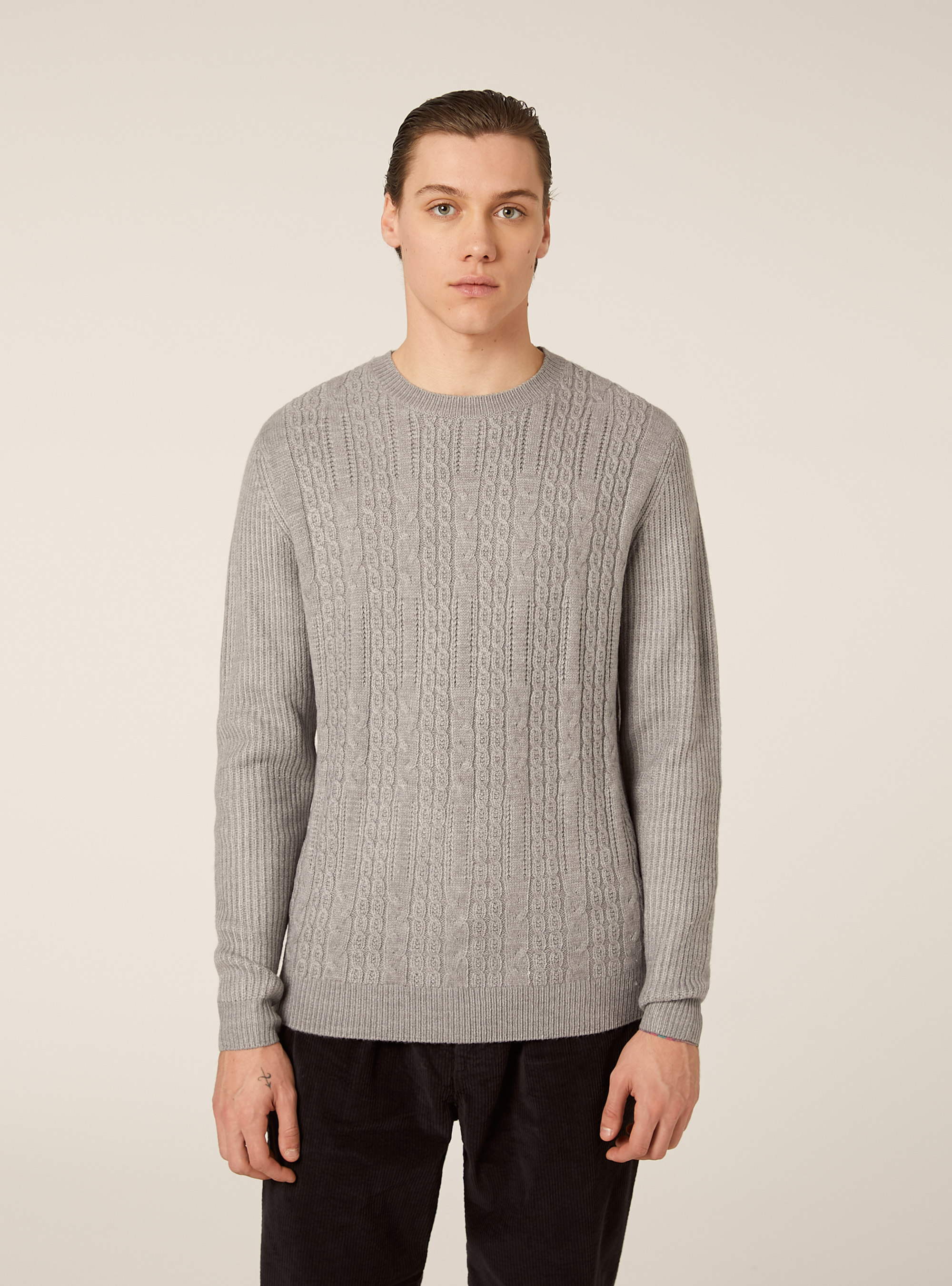 Maglione girocollo trecce, MGY2 GREY MEL MEDIUM