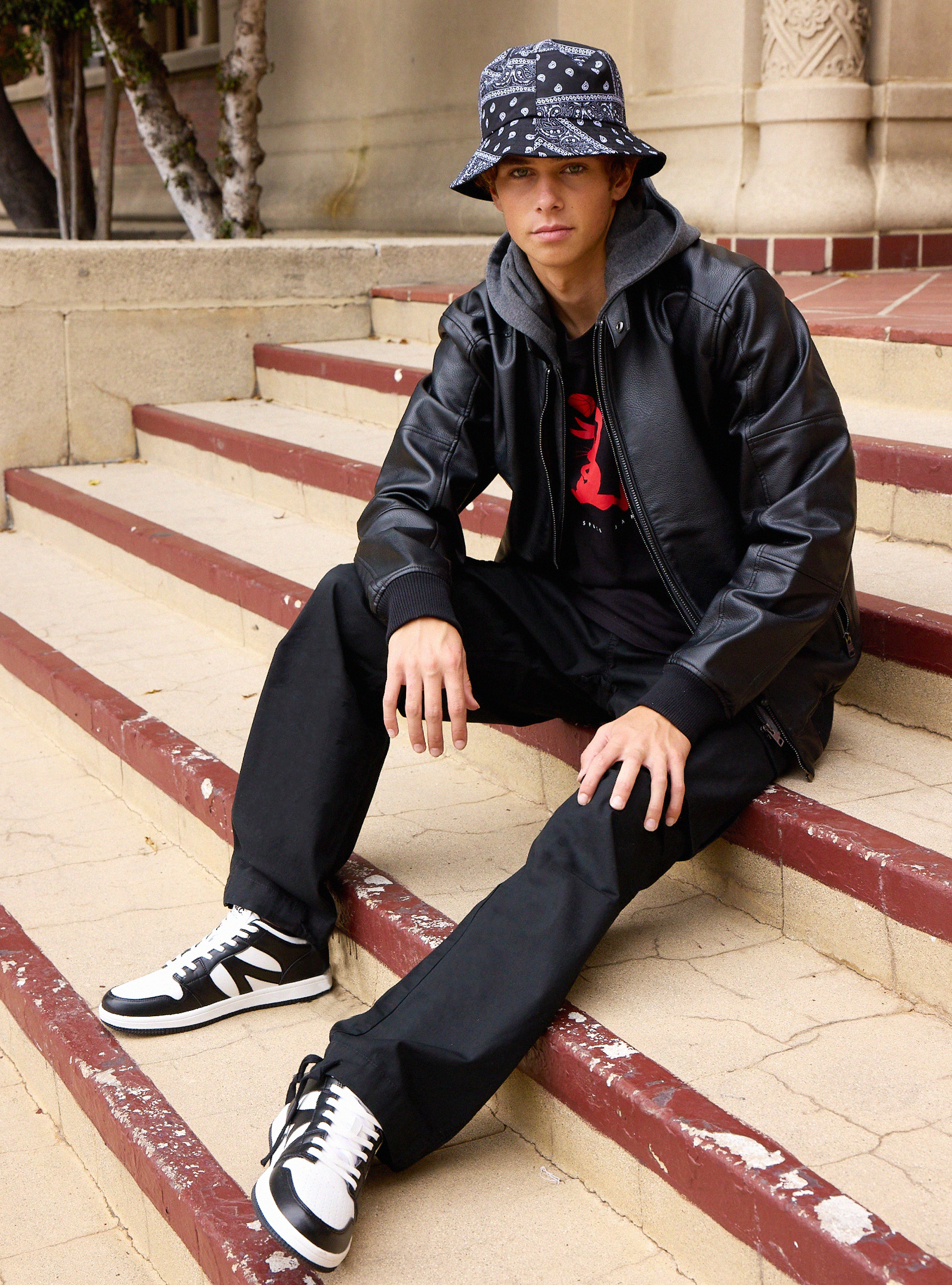 Leather effect bomber jacket with removable hood, BLACK