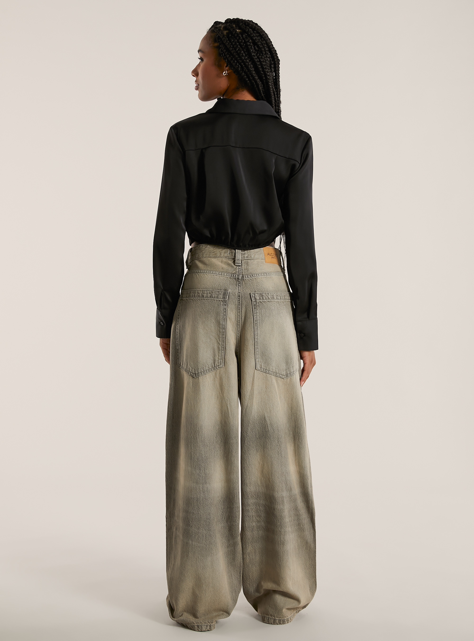 Satin cropped shirt, BK1 BLACK