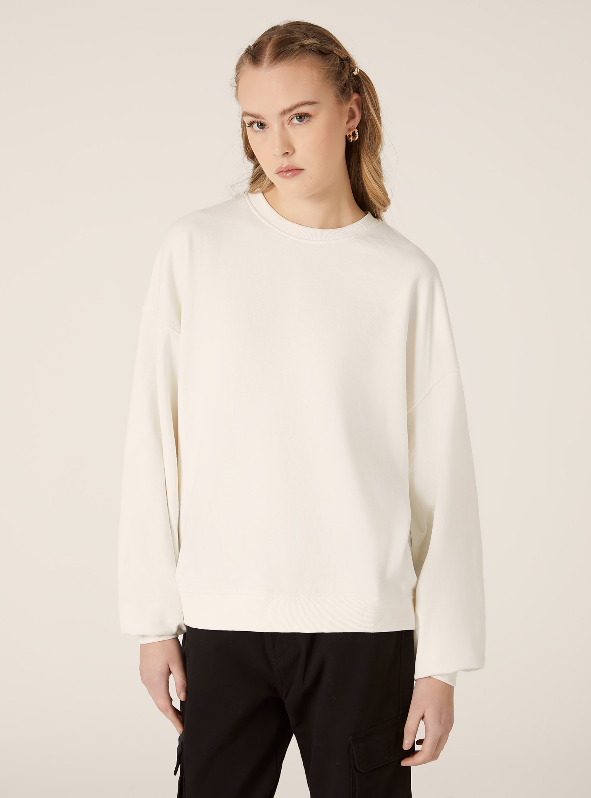 Sudadera de algodón liso con cuello redondo, WH1 OFF WHITE