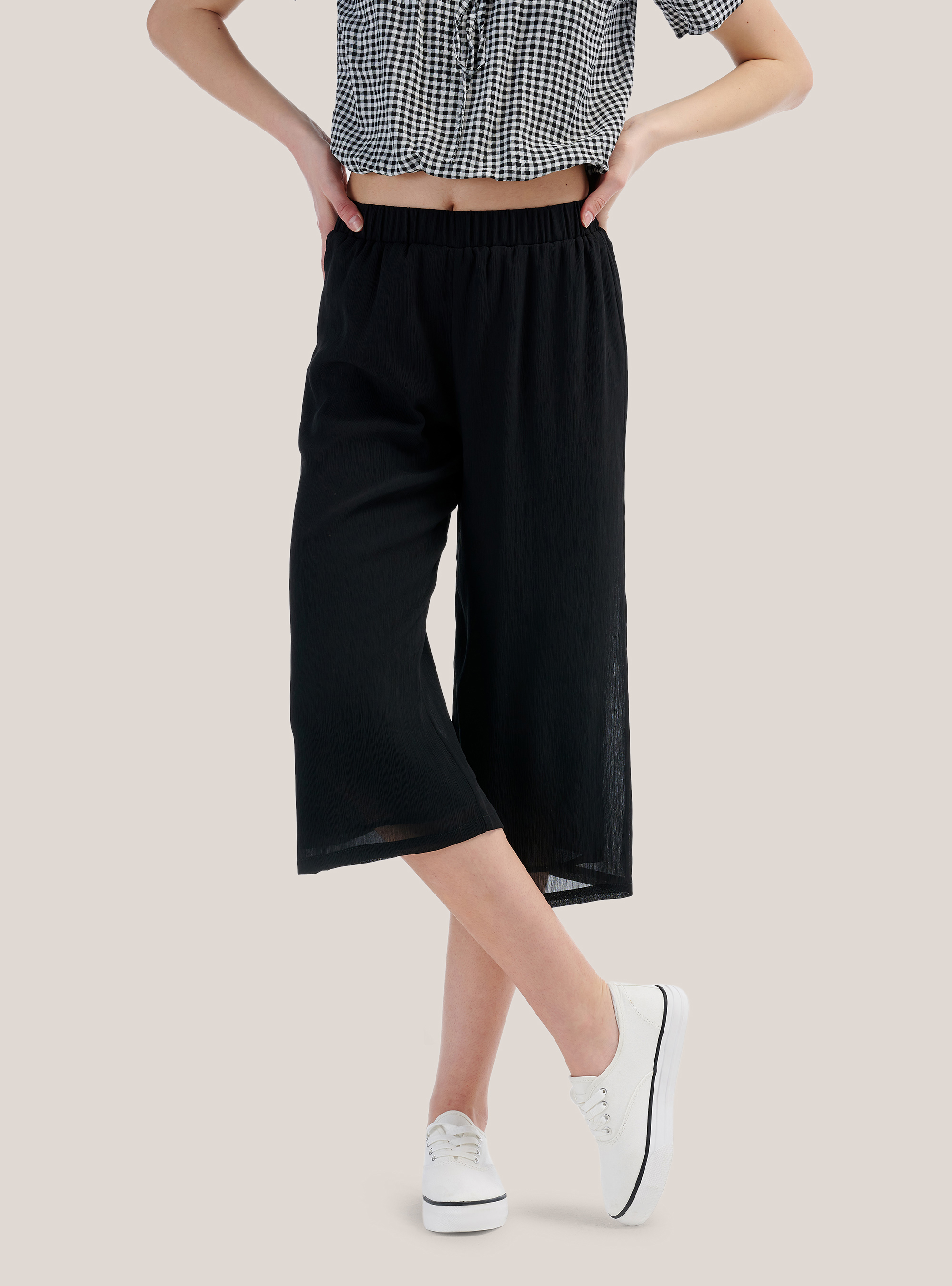 Wide leg culottes trousers comfort fit, BLACK
